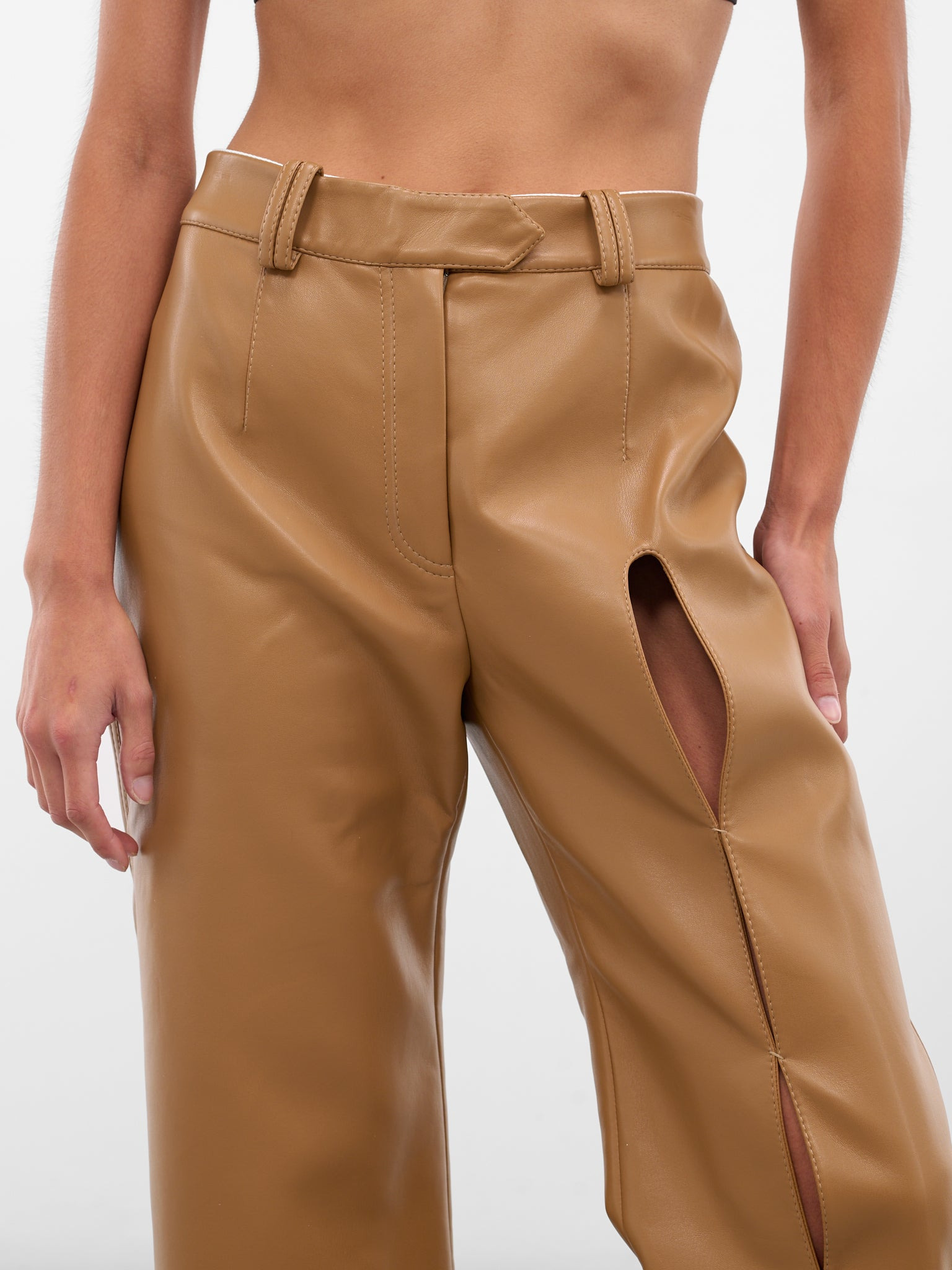 Beige Vegan Leather Cut-Out Trousers - 5