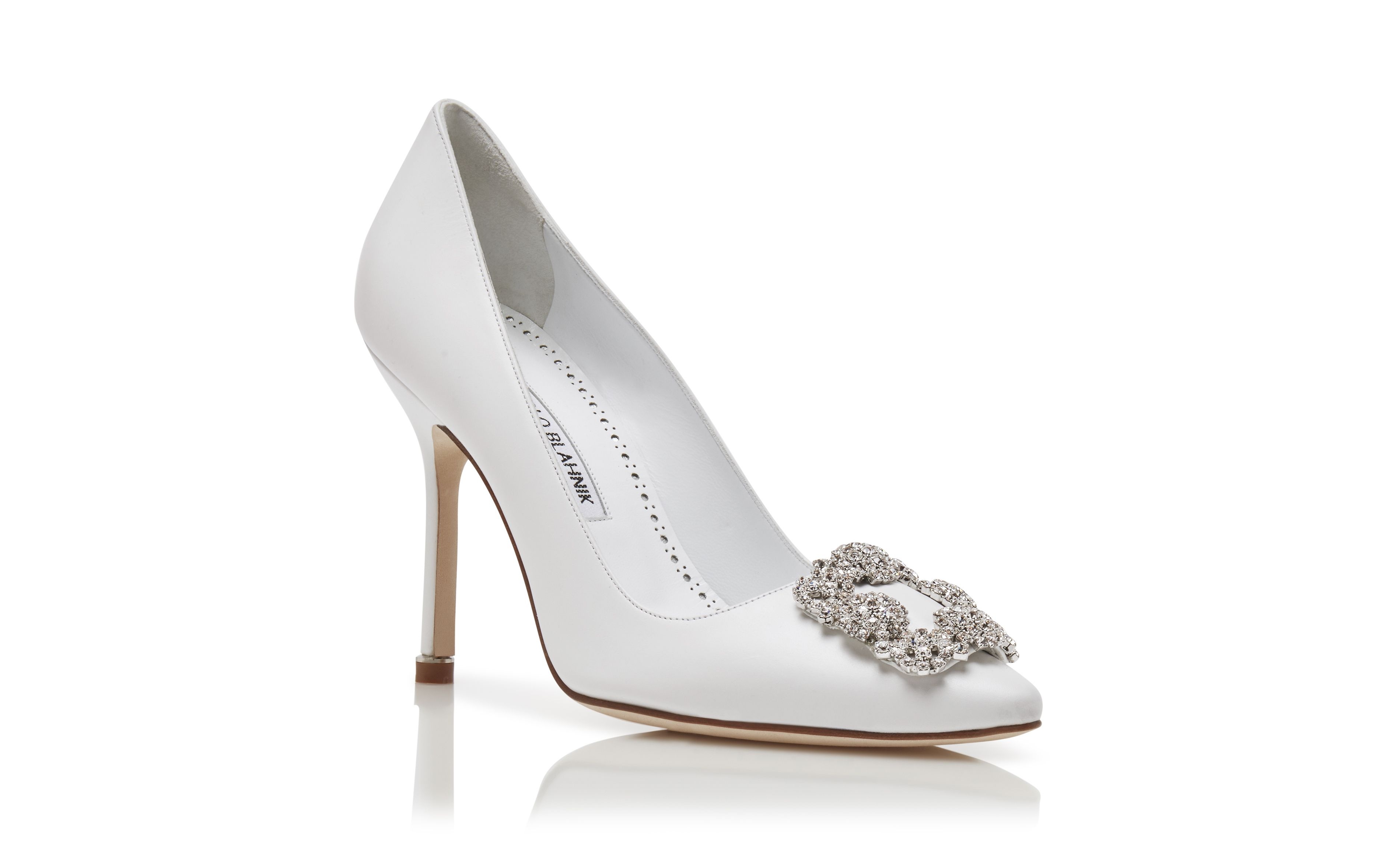 White Calf Leather Jewel Buckle Pumps - 3