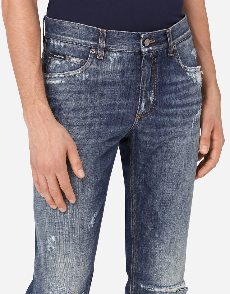 Washed blue regular-fit jeans with rips - 4