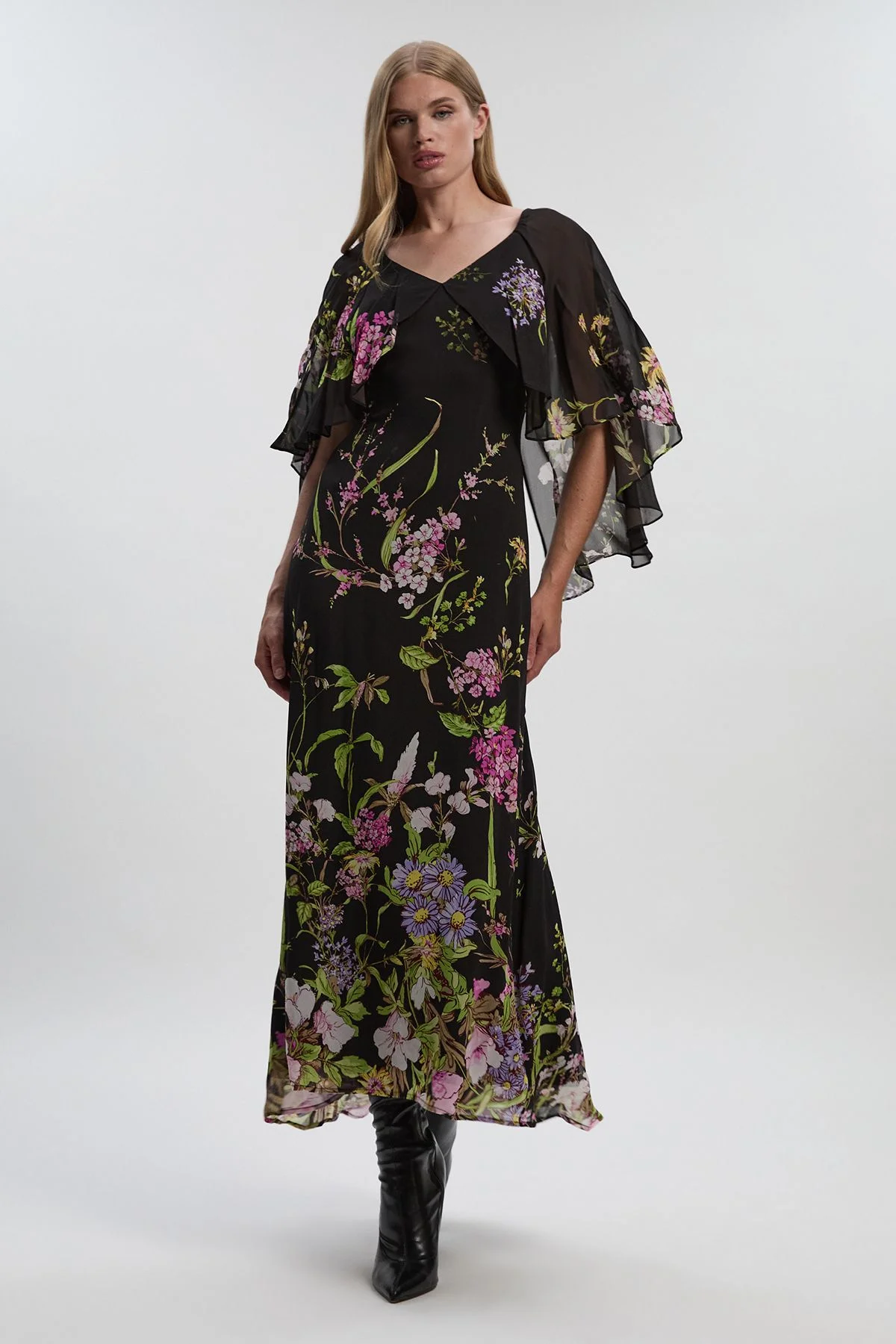 Floral Border Print Viscose Woven Cape Sleeve Maxi Dress - 1