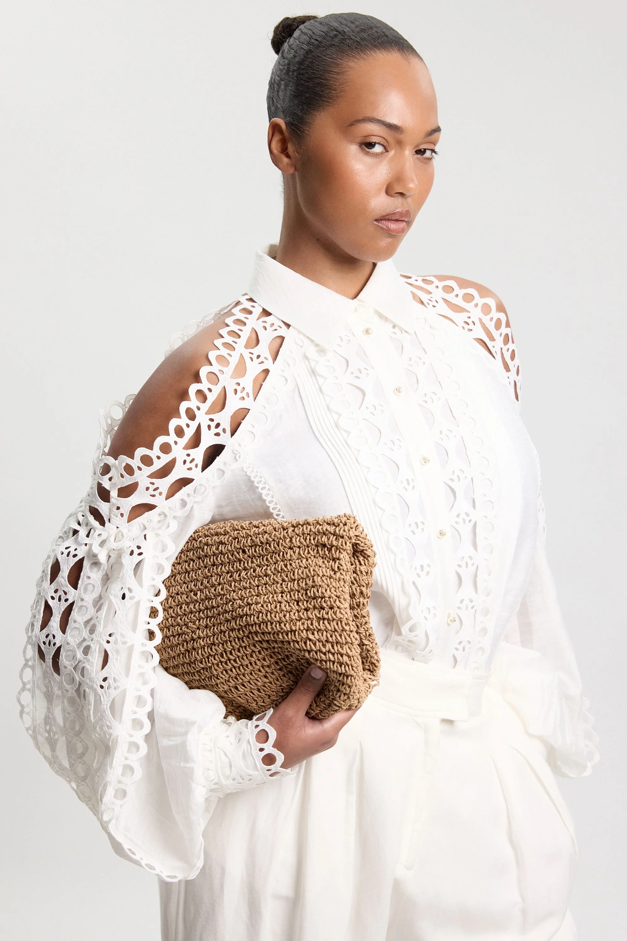 Plus Size Tape Detail Cold Shoulder Woven Blouse - 1