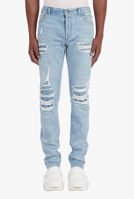 Slim cut ripped light blue denim cotton jeans - 5