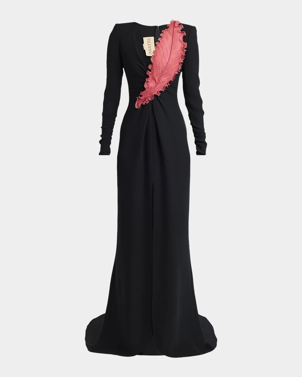 Plunging Embroidered Crepe Long-Sleeve Slit Gown - 1