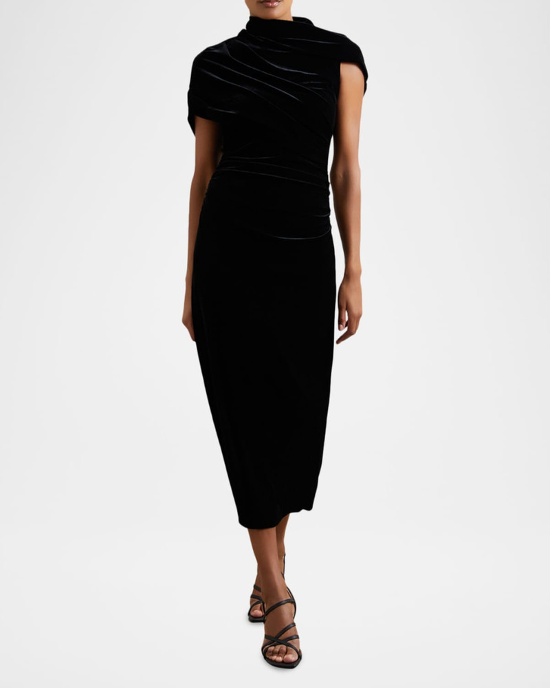 REISS Asymmetric Draped-Neck Ruched Midi Dress outlook