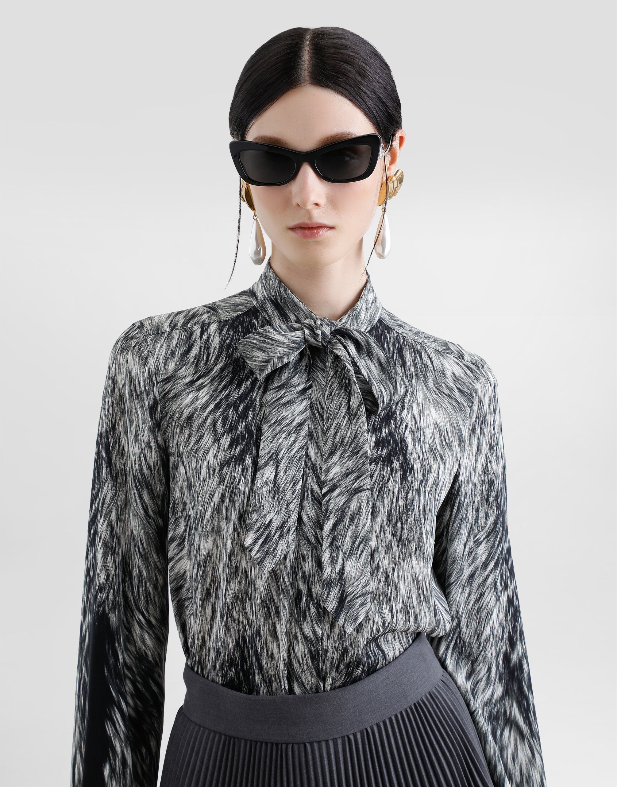 Fur-print charmeuse shirt with pussy-bow - 5