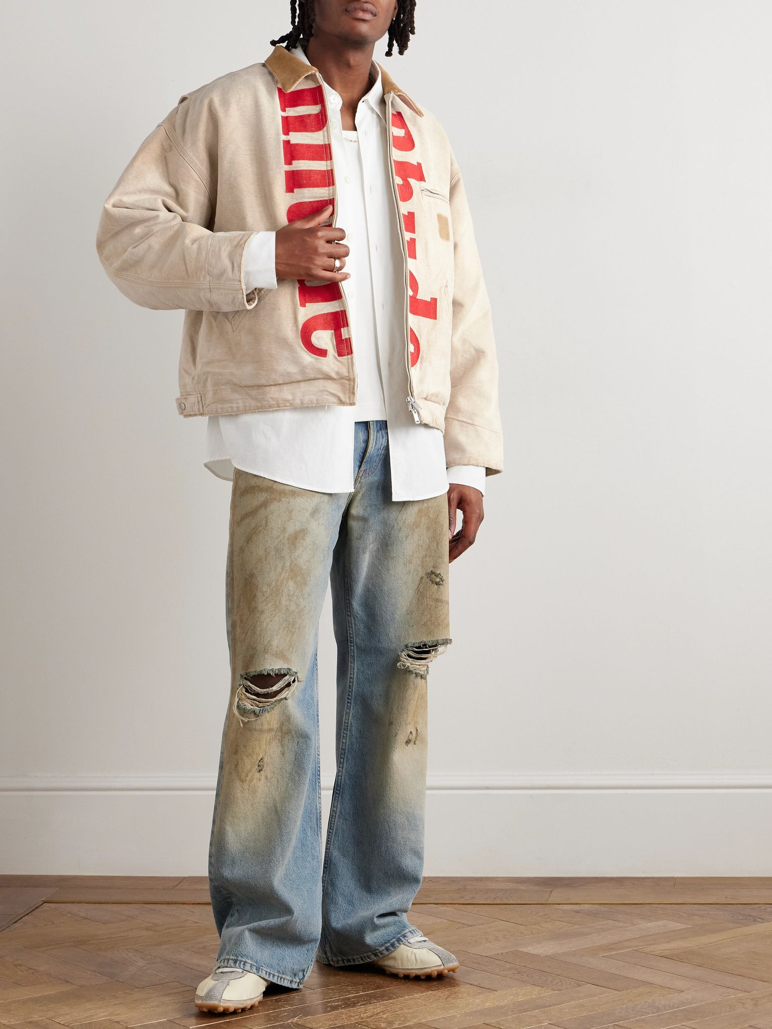Corduroy-Trimmed Logo-Print Distressed Cotton-Canvas Bomber Jacket Beige - 2