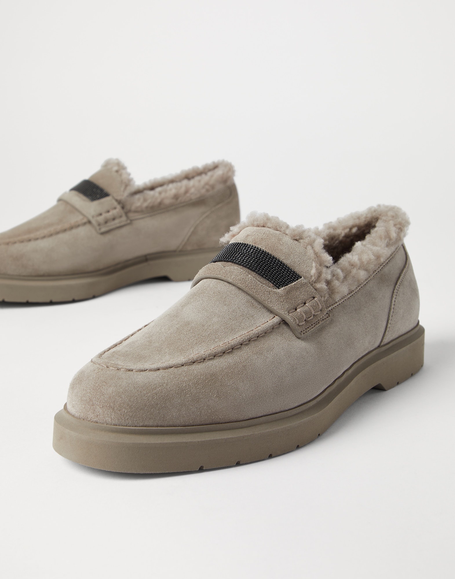 Suede penny loafers with shearling lining and precious insert - 3