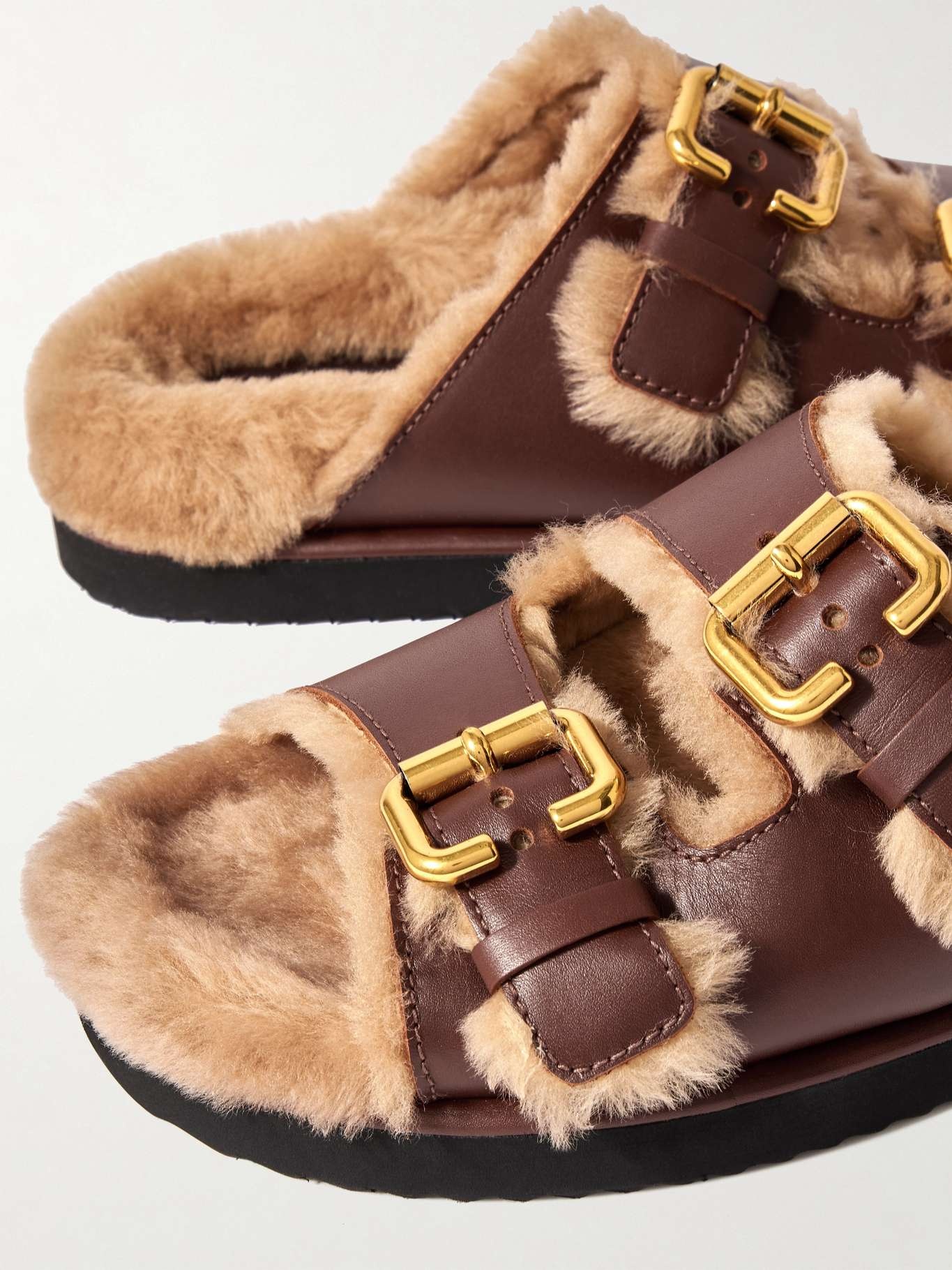 Shearling-trimmed leather sandals - 4