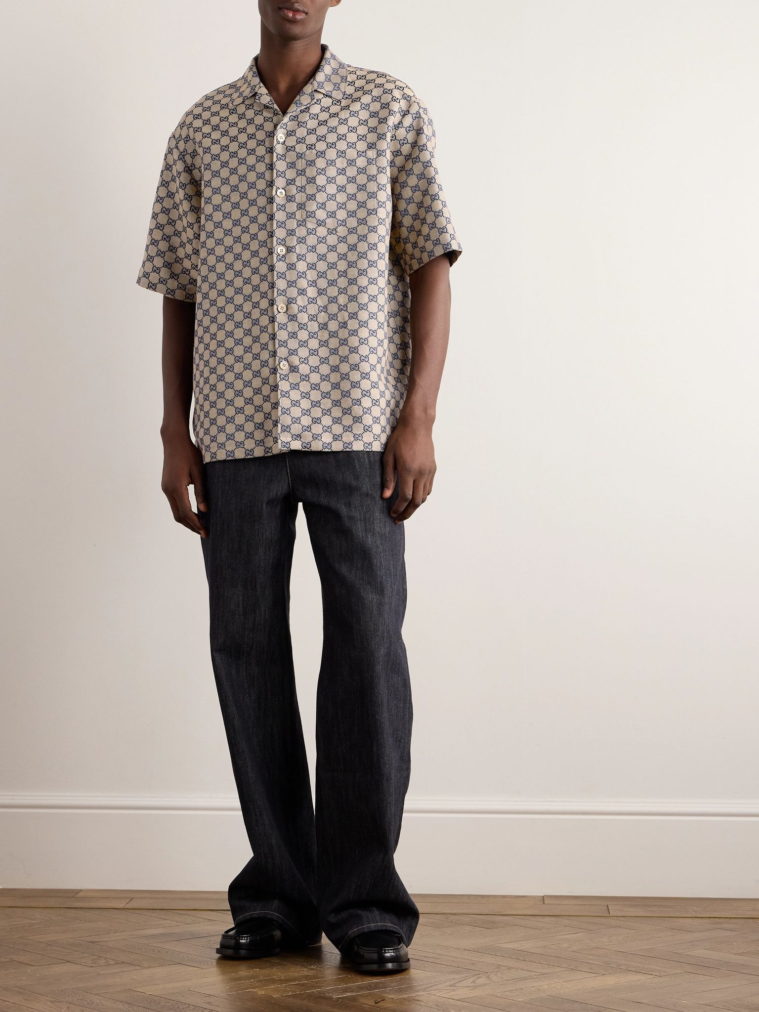 Camp-Collar Logo-Jacquard Linen-Blend Shirt Brown - 2