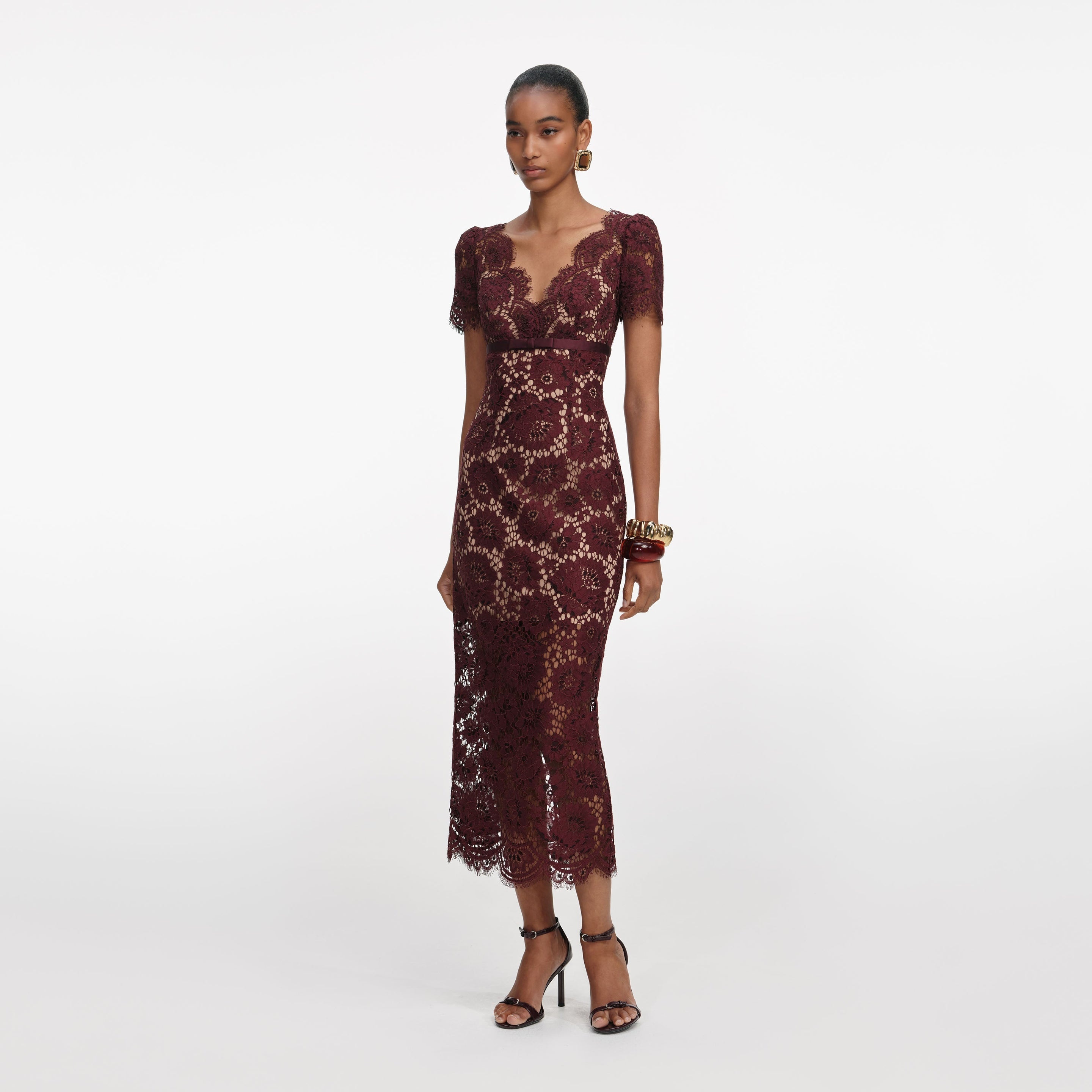 Burgundy Floral Lace Midi Dress - 2