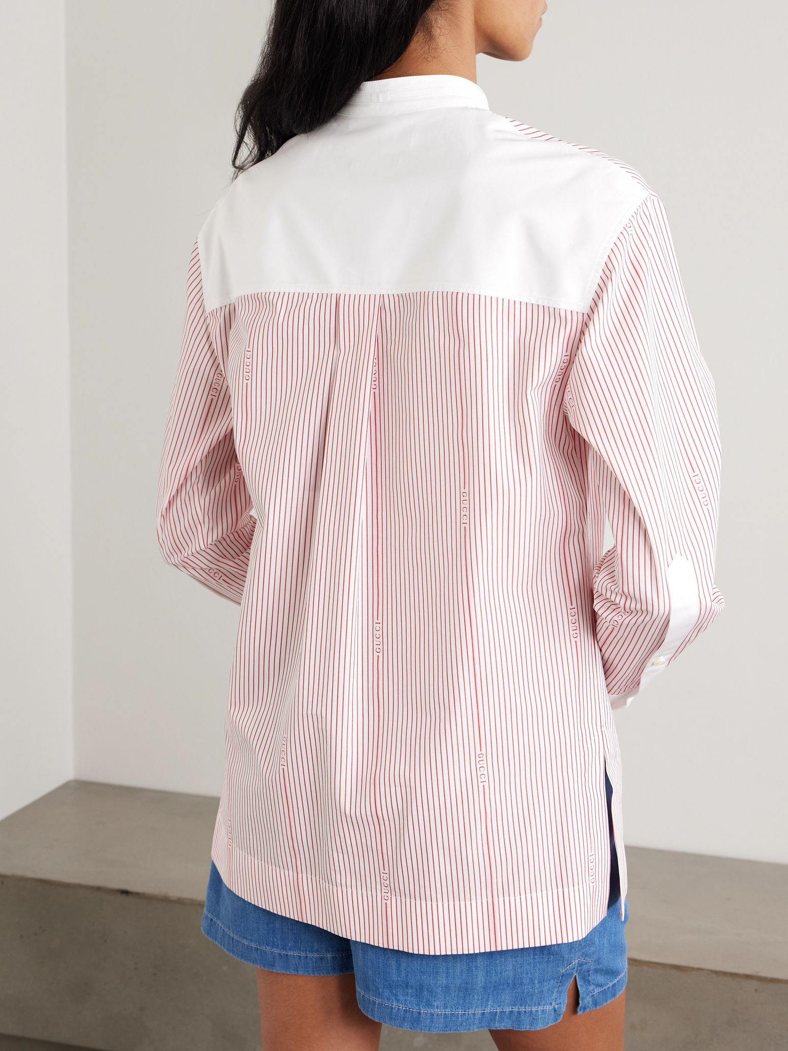 Tie-detailed striped cotton-poplin shirt Pink - 4