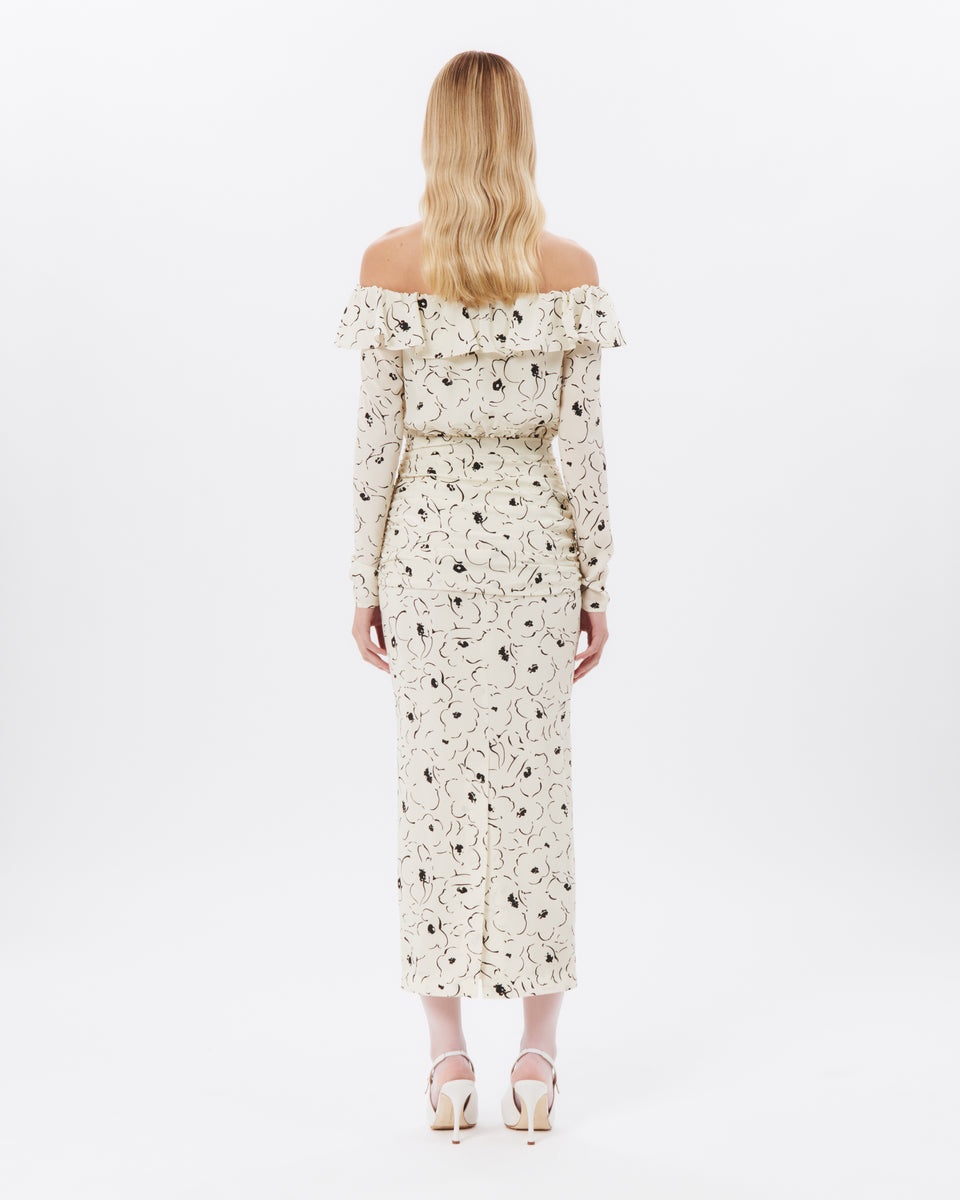 FLORAL PRINT SILK OFF THE SHOULDER DRESS - 5