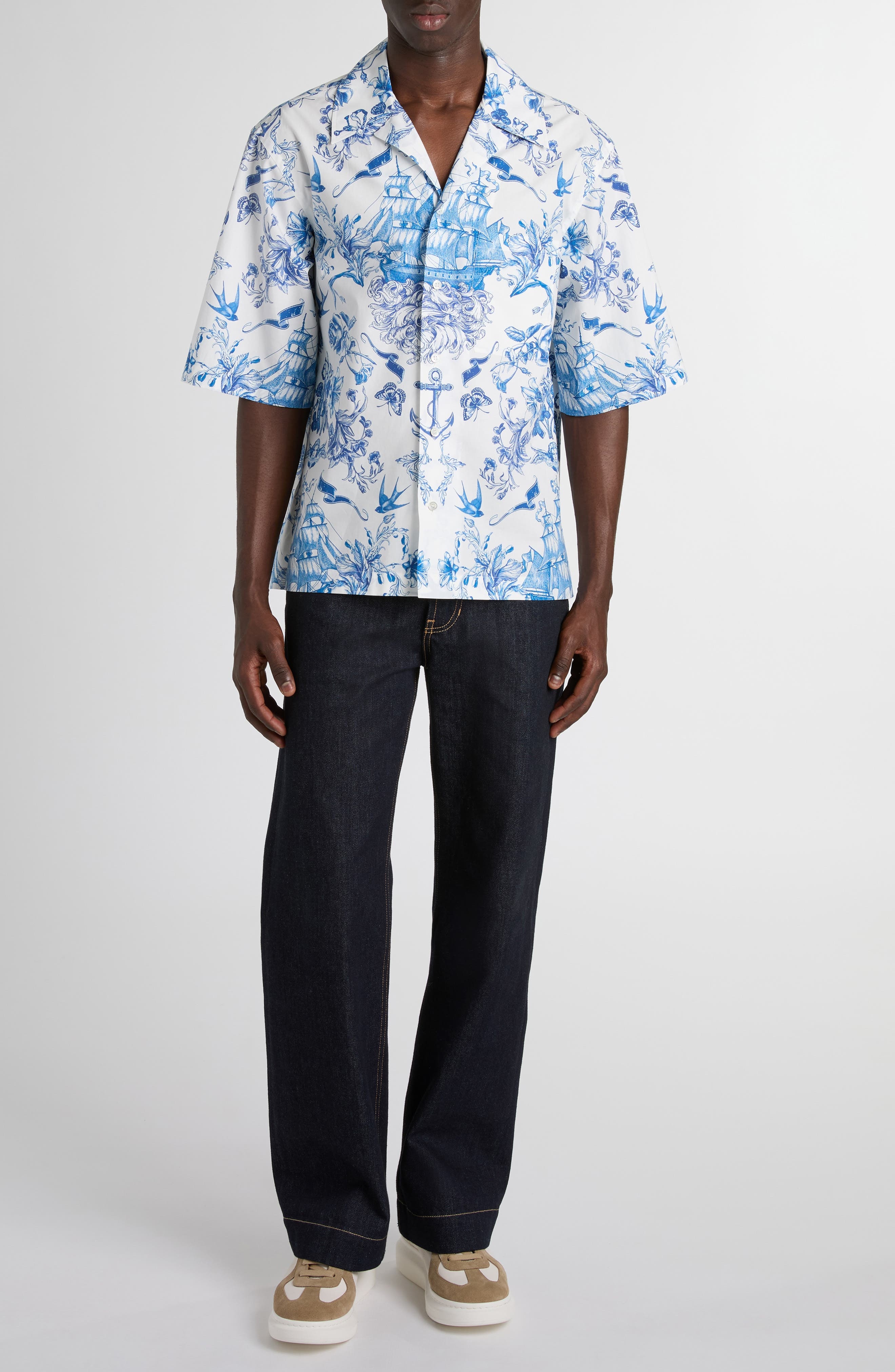 McQueen Sailor Tattoo Camp Shirt in Ivory-Navy at Nordstrom - 2