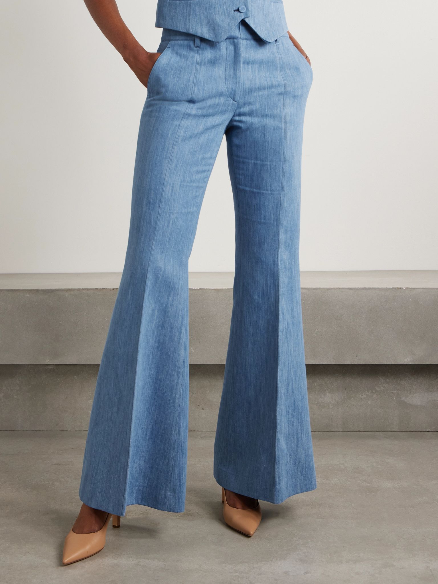 Rhein cotton and linen-blend chambray flared pants Light blue - 3