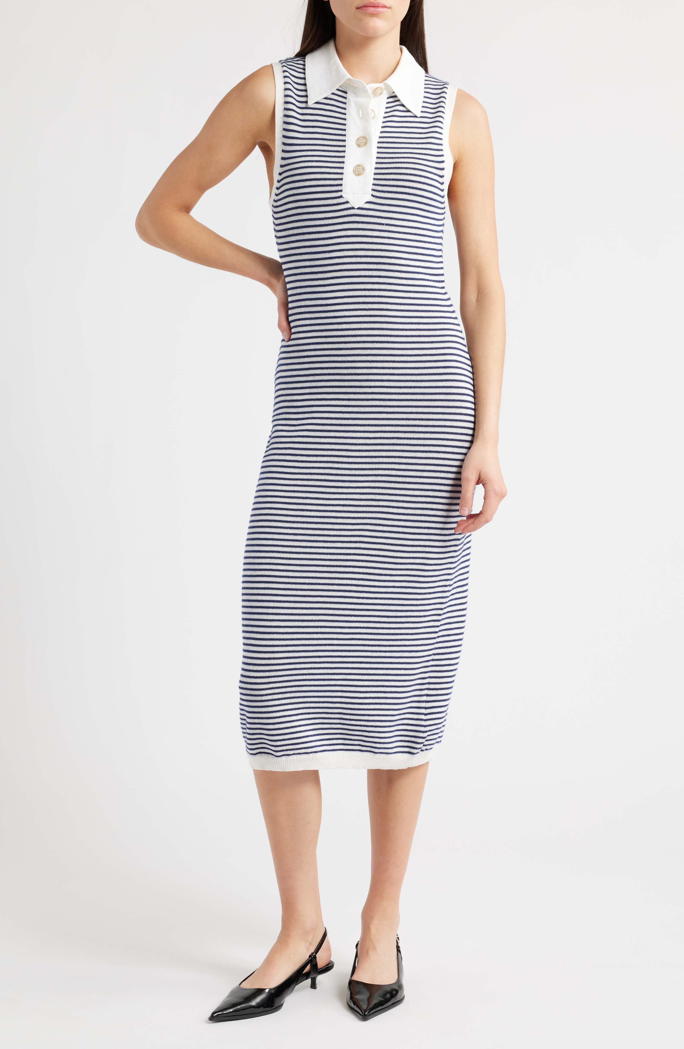 FRAME The Bold Stripe Knit Polo Midi Dress in Navy Multi at Nordstrom - 1