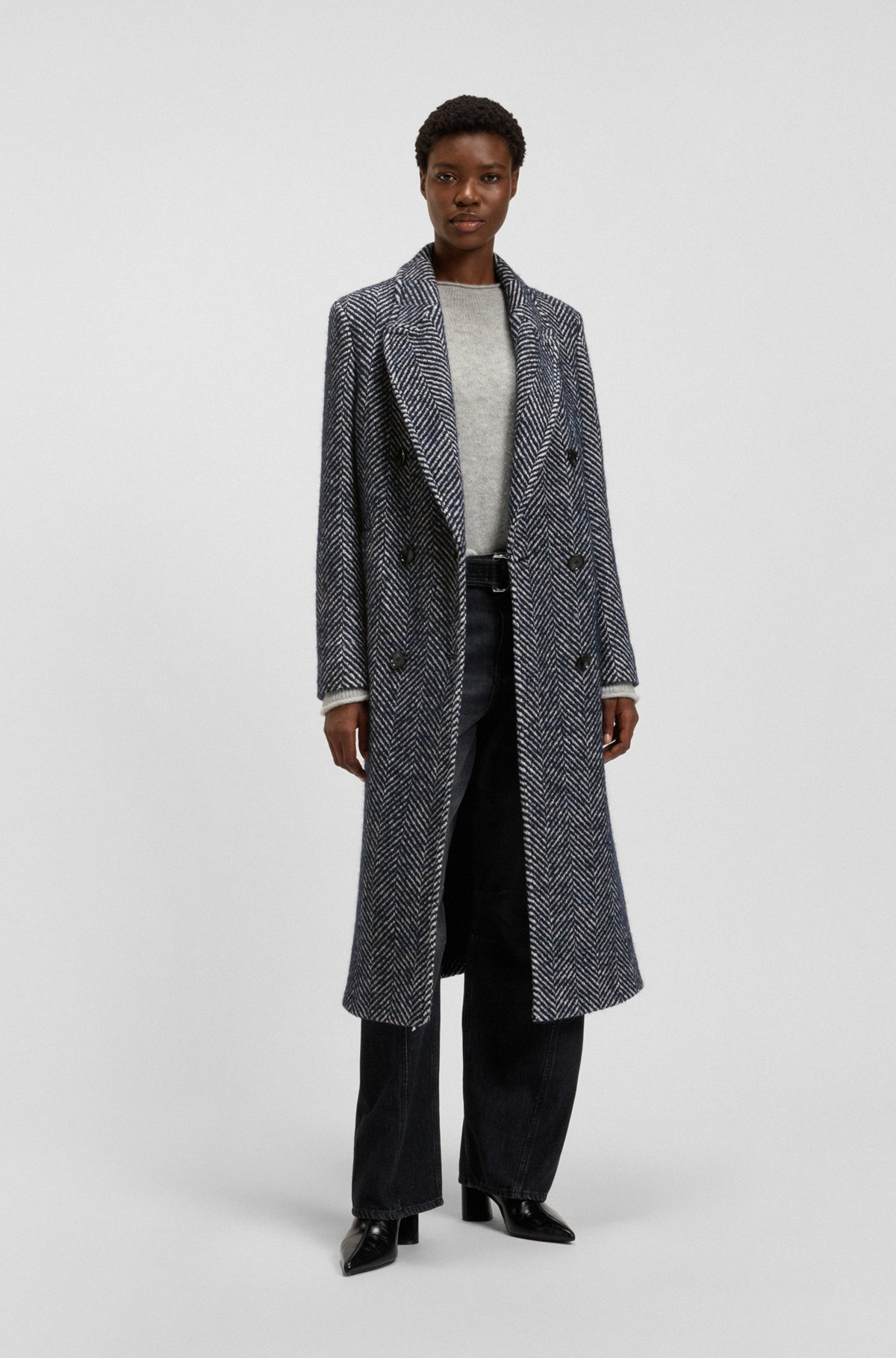 LONGLINE DOUBLE-BREASTED COAT WITH MACRO HERRINGBONE - 3
