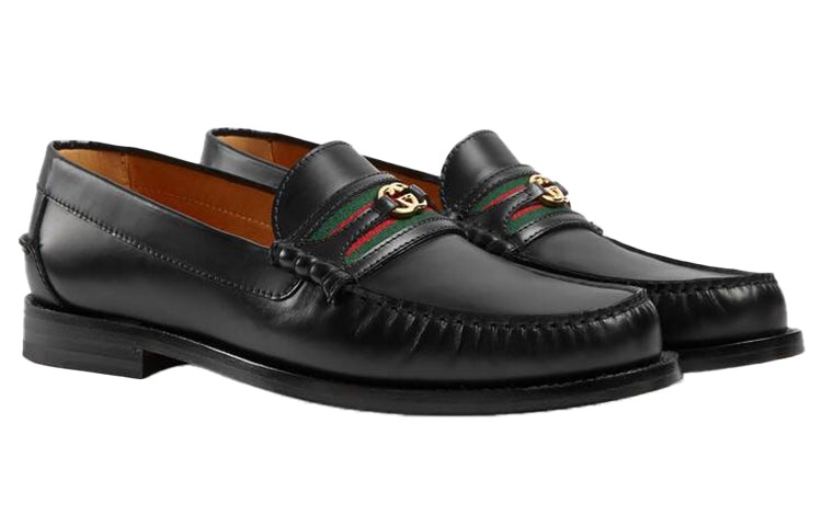 Gucci loafer with Interlocking G Green and Red Web 'Black Leather' 644724-17X10-1060 - 2