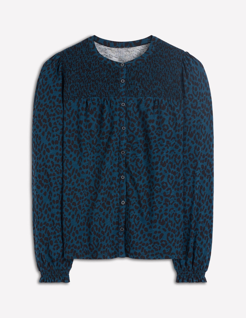 Elsa Smocked Yoke Jersey Shirt-Teal Leopard 1