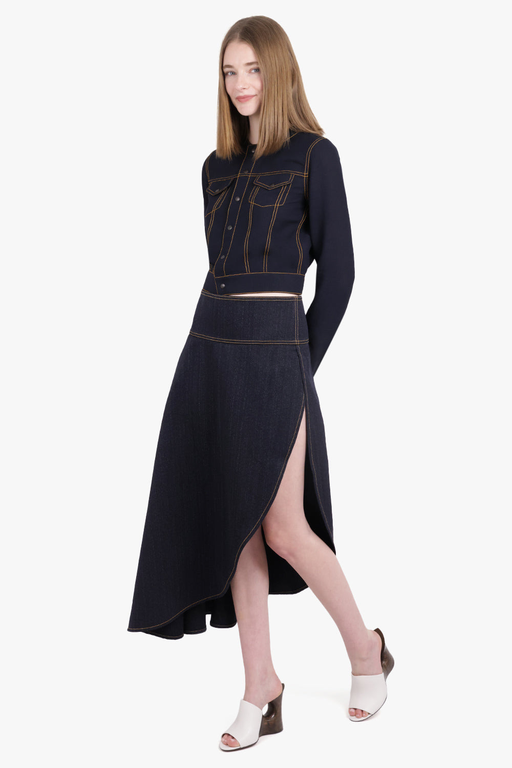 ASYMMETRIC MIDI DENIM FLUID SKIRT | NIGHT BLUE - 2