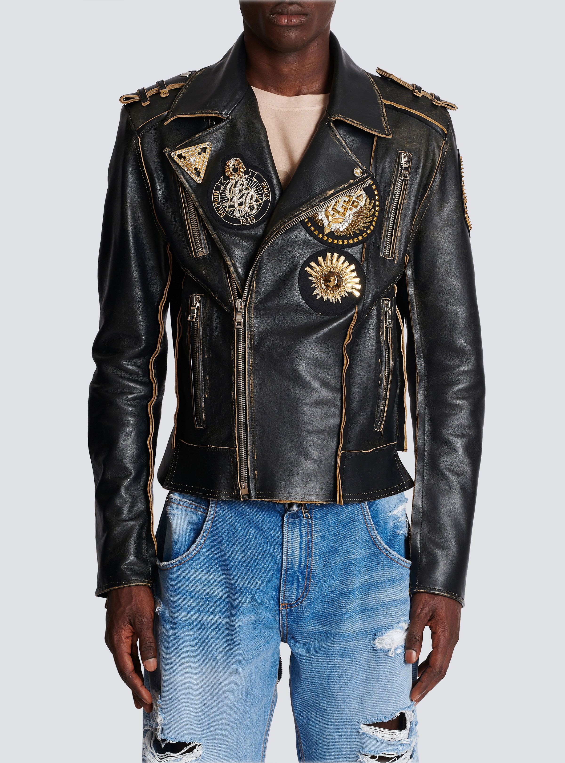 Leather biker jacket with embroidered badges - 5