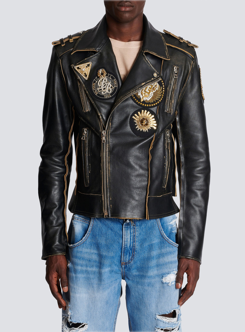 Leather biker jacket with embroidered badges 5