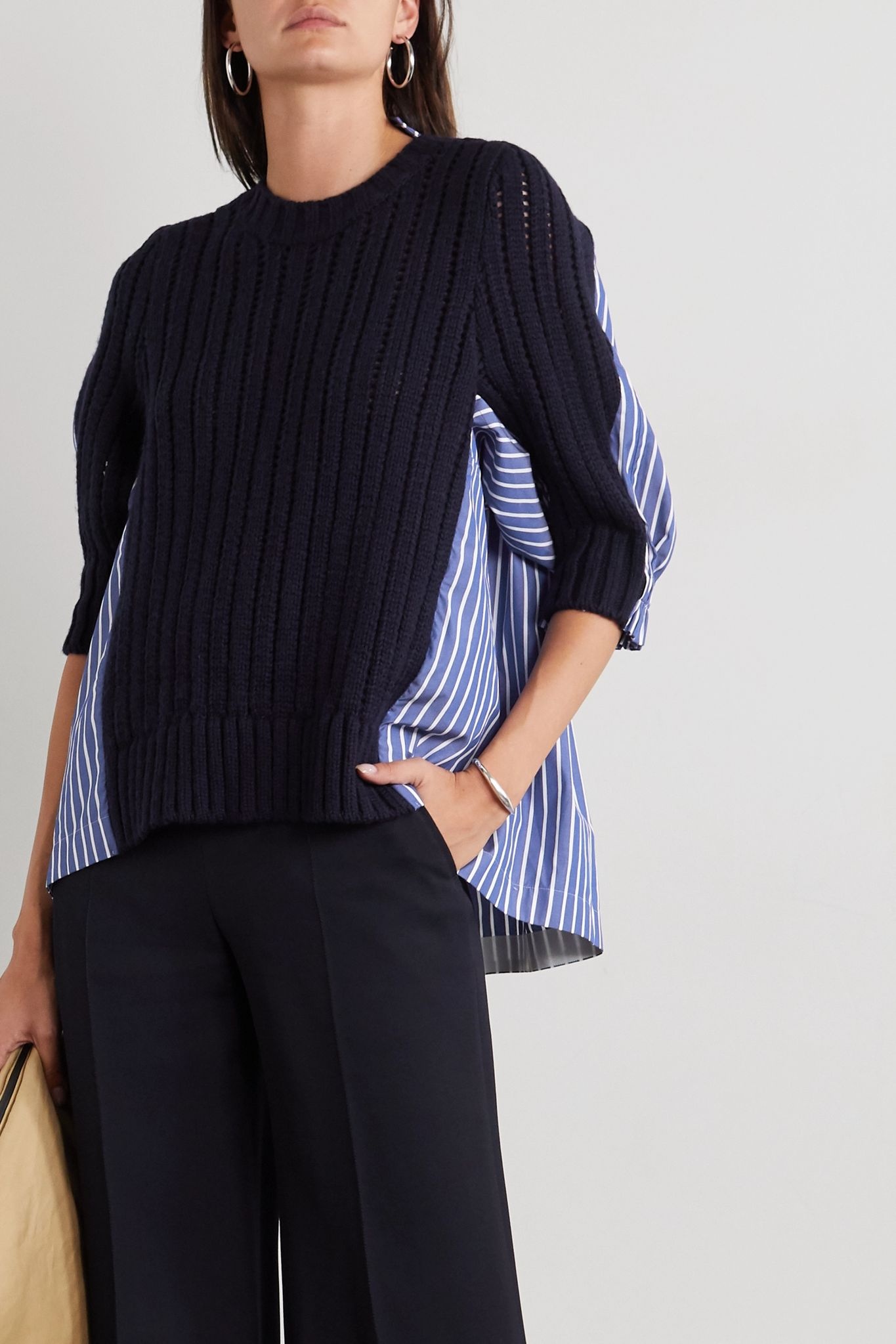 Paneled striped cotton-poplin and ribbed wool sweater - 3