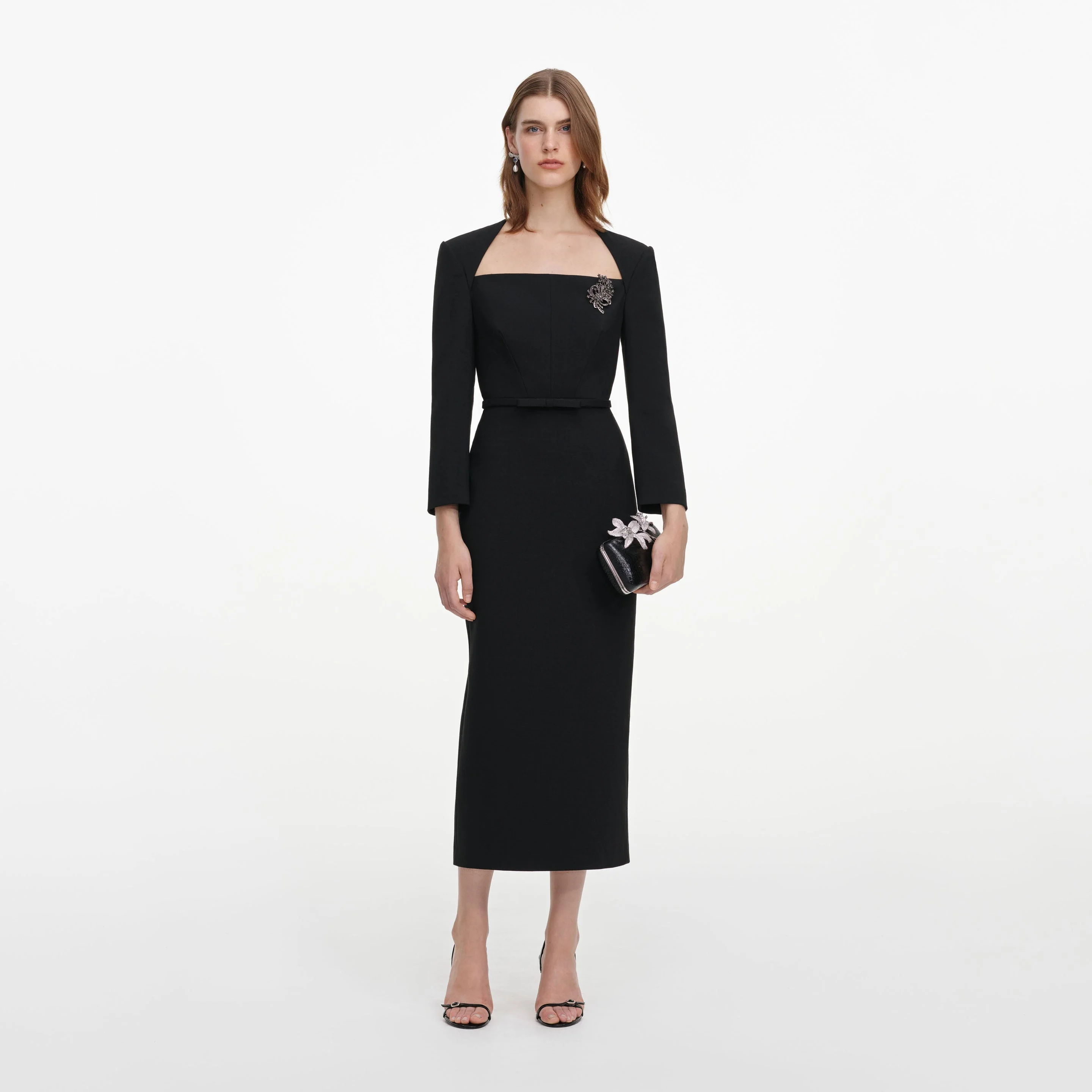 Black Tailored Brooch Midi Dress - 1