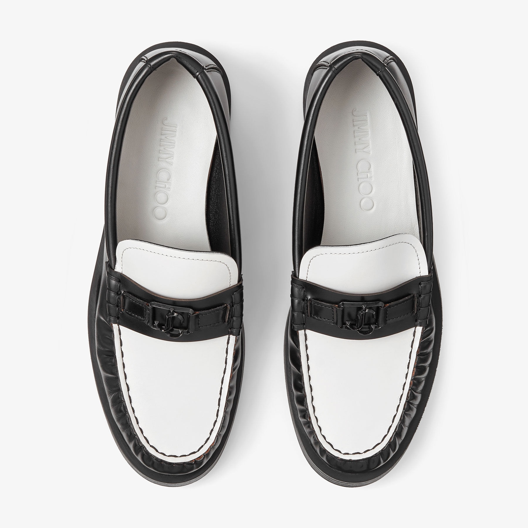 Addie/JC
Black and Latte Box Calf Leather Flat Loafers with JC Emblem - 4