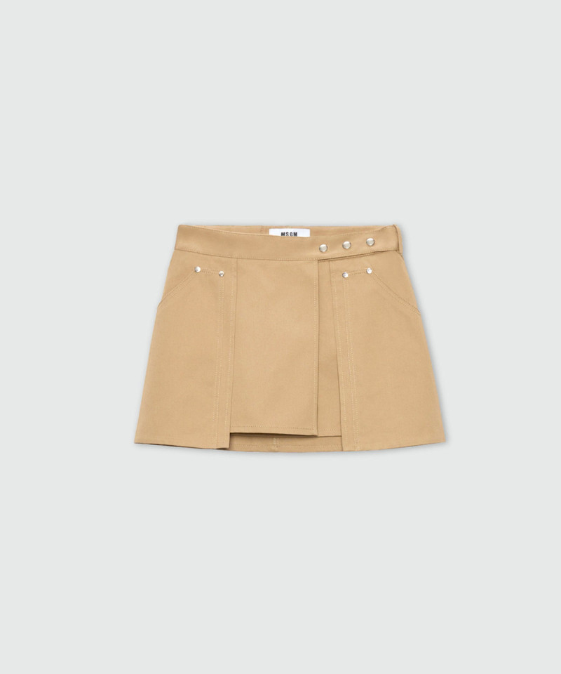 Pink cotton gabardine wrap miniskirt with metal buttons 1