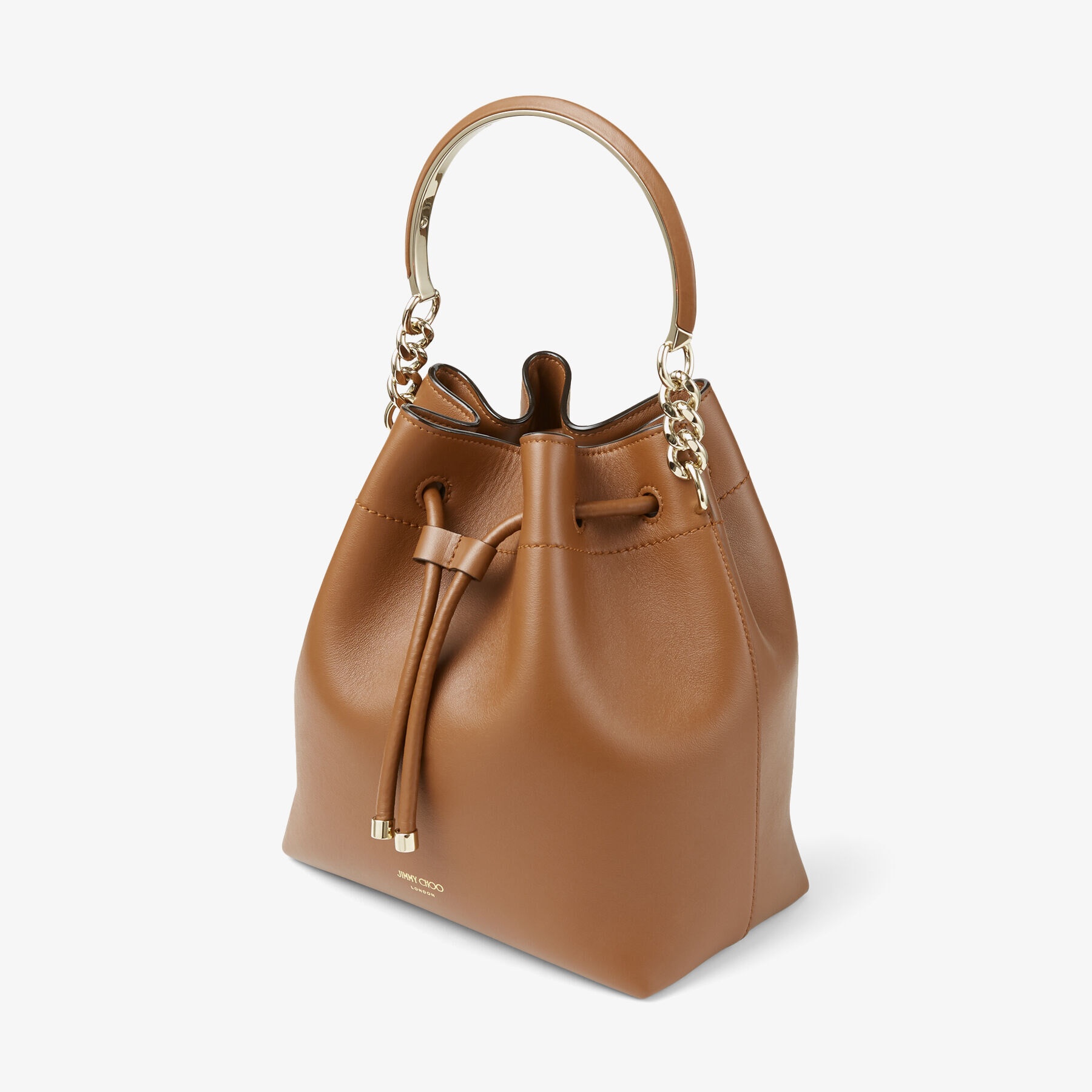 Bon Bon Bucket
Dark Tan Calf Leather Bag with Light Gold Metal Handle - 5