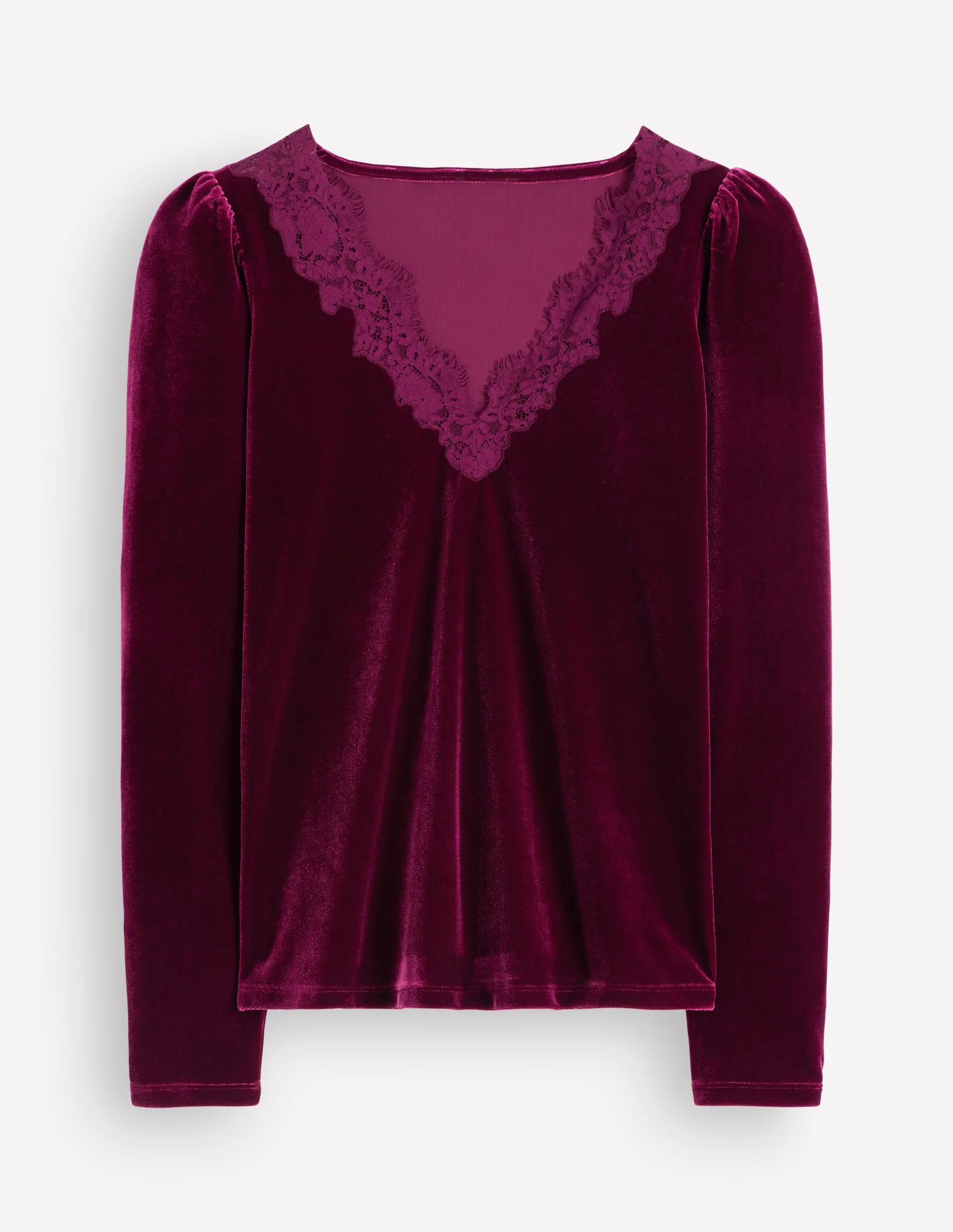Lace Trim V-Neck Velvet Top-Beetroot Red - 1