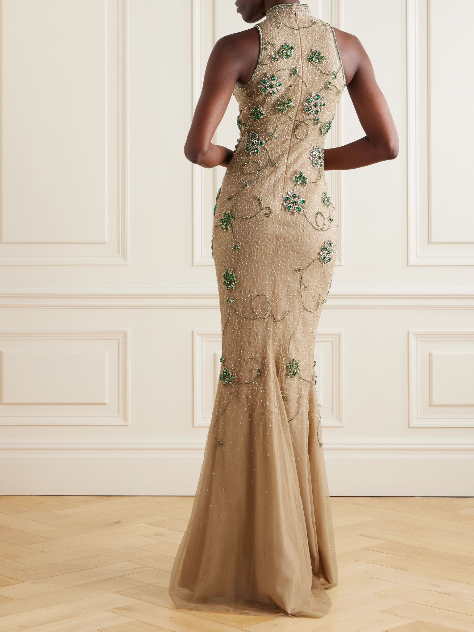 Bead and crystal-embellished silk-blend tulle gown Beige - 3