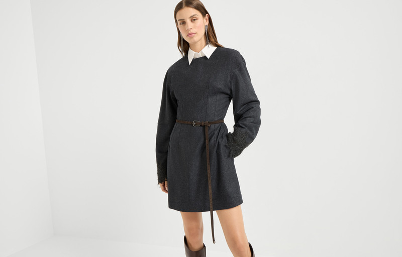 Virgin wool flannel mini dress with wispy lace cuffs 6