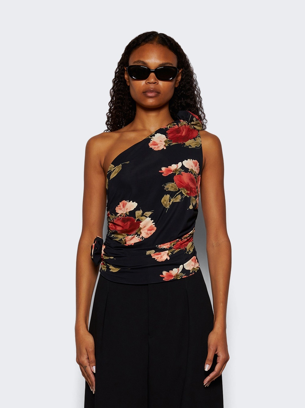 One Shoulder Shirt Rose Print - 3