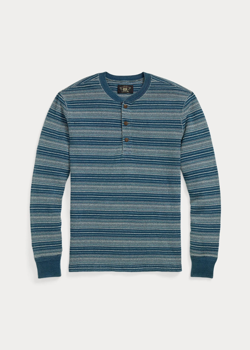 Indigo Striped Jacquard Henley Shirt - 1