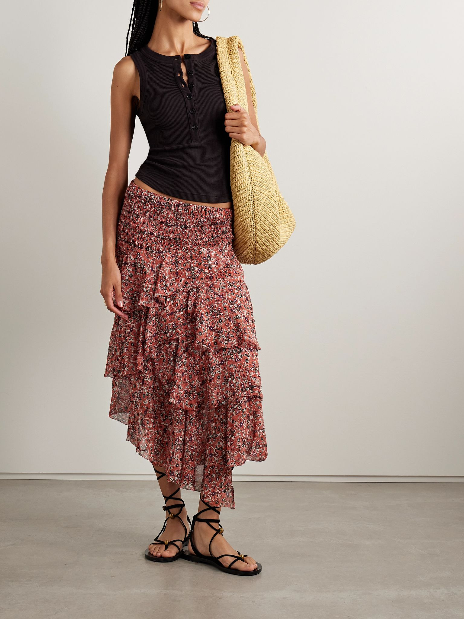 Brigitte asymmetric tiered ruffled printed georgette skirt Red - 2