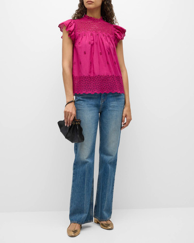 ULLA JOHNSON Kassi Ruffle-Sleeve Embroidered Cotton Top outlook