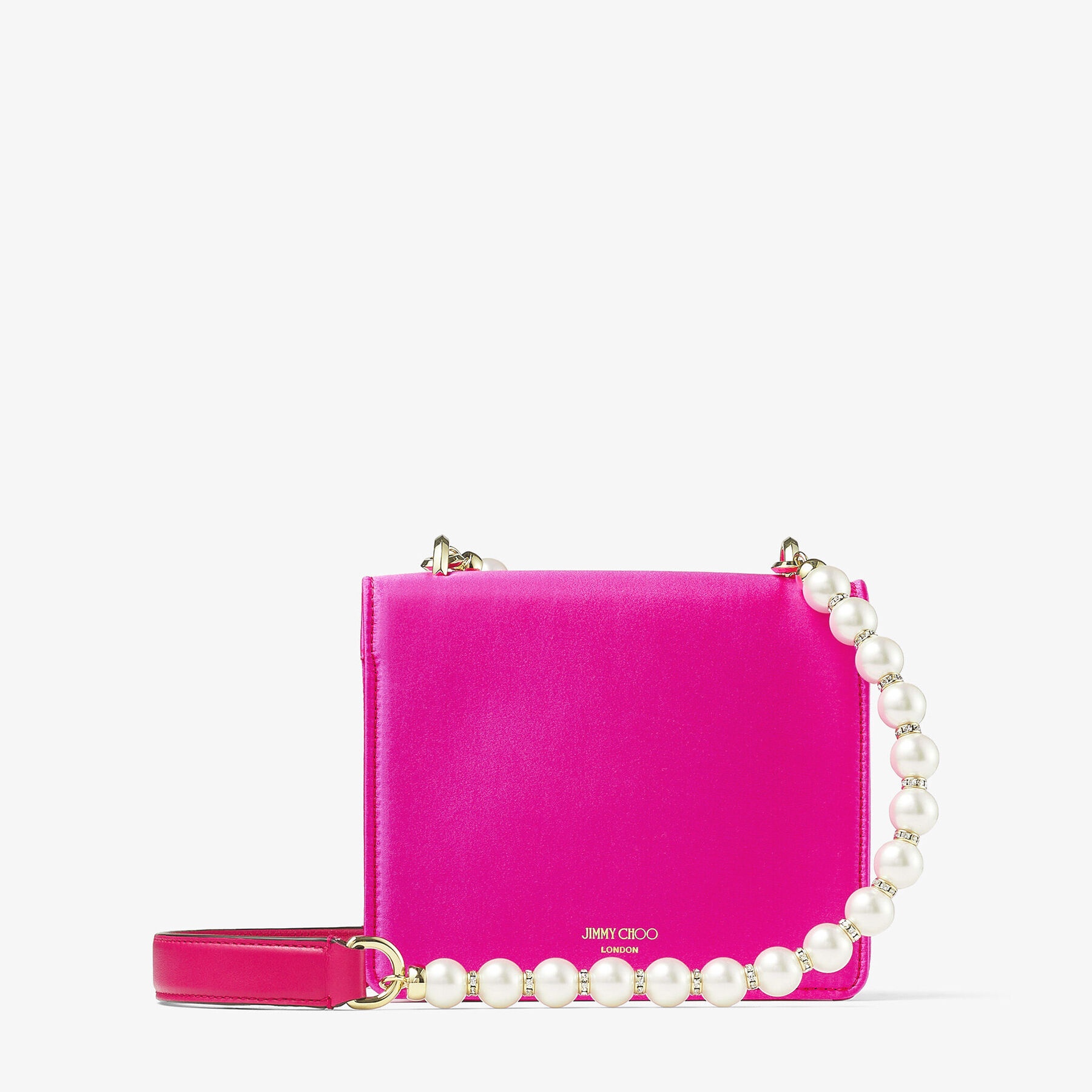 JIMMY CHOO Varenne Quad XS Fuchsia Satin Shoulder Bag with Pearl