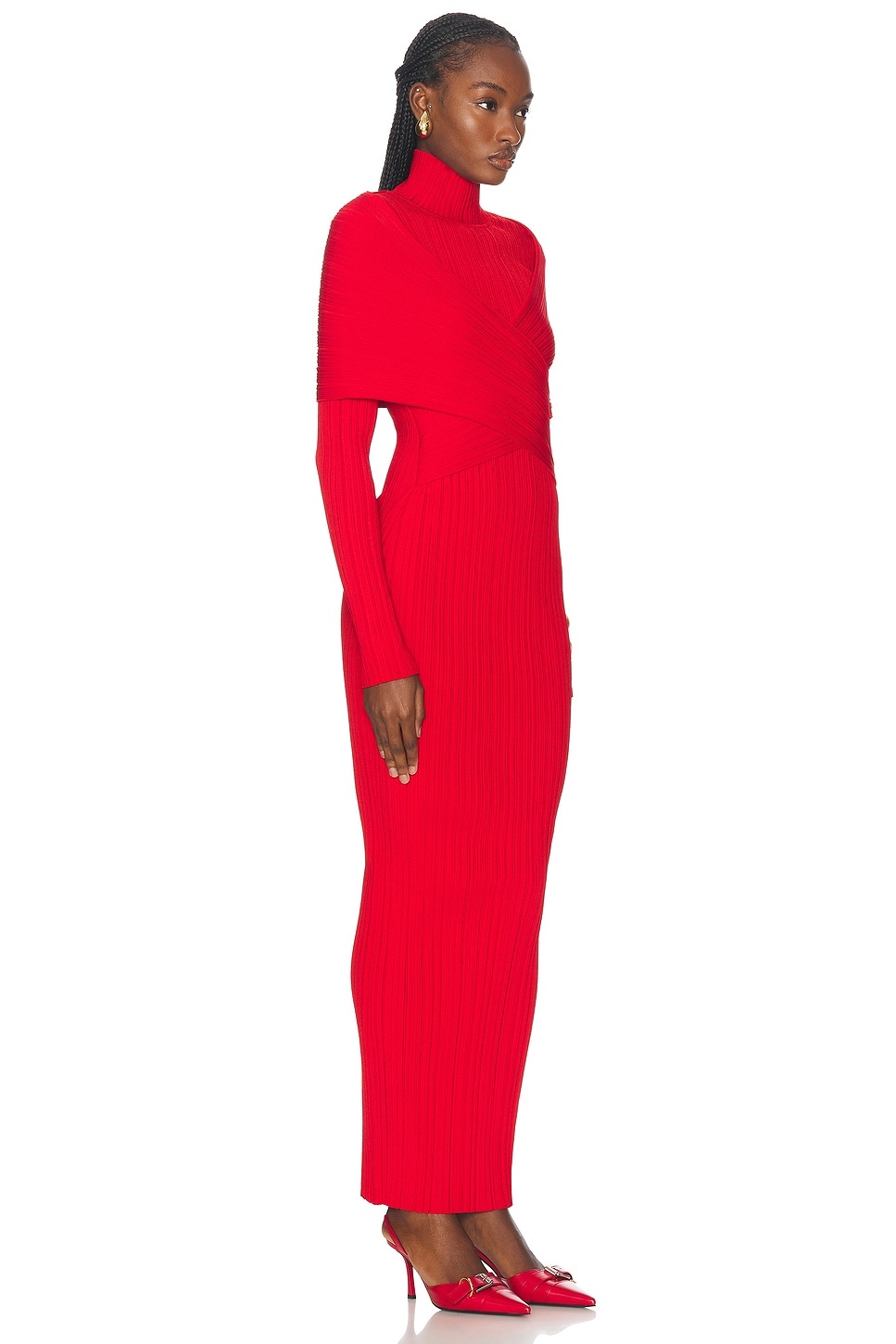 High Neck Pleated Knit Long Dress - 2