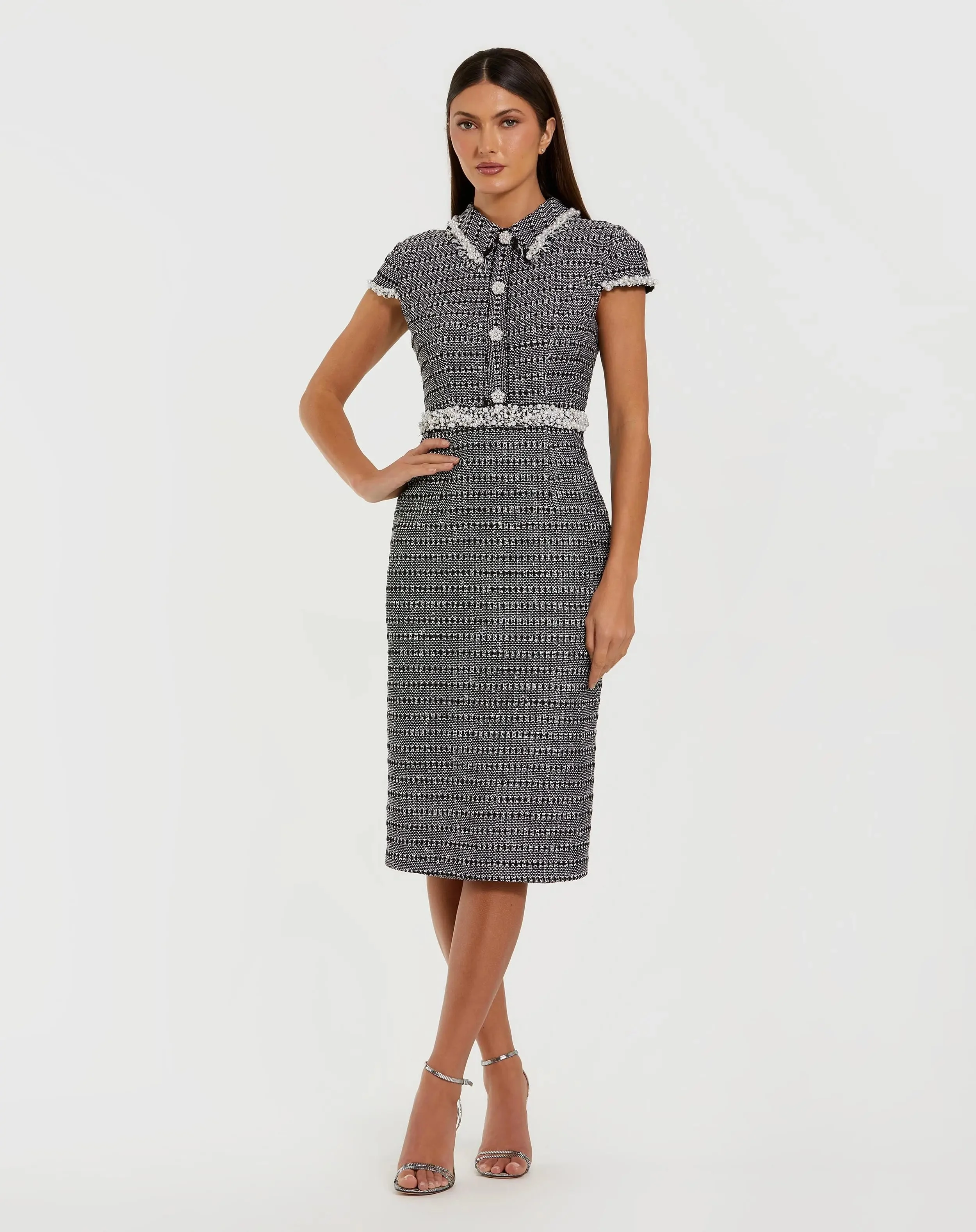 Black Embellished Cap Sleeve Boucle Midi Dress - 1