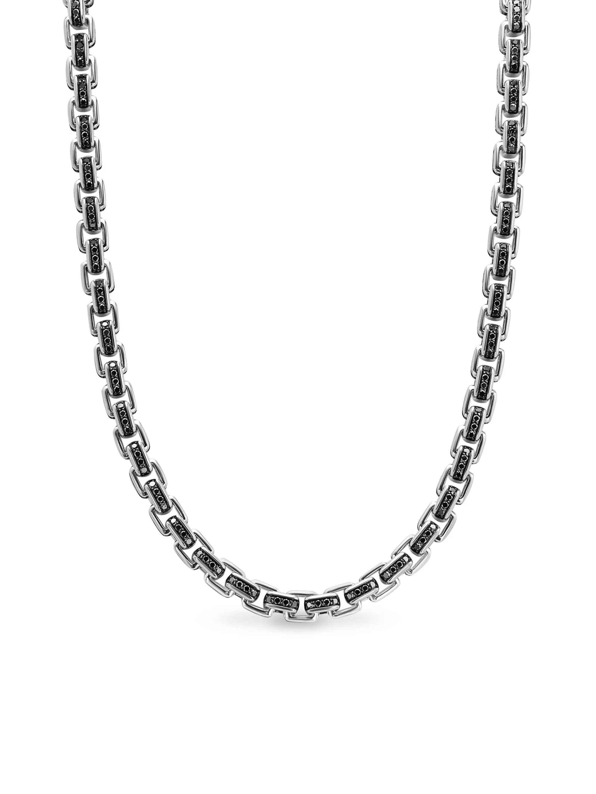 Men's Box Chain Necklace in Sterling Silver, 7.3MM - Black Diamond - 1