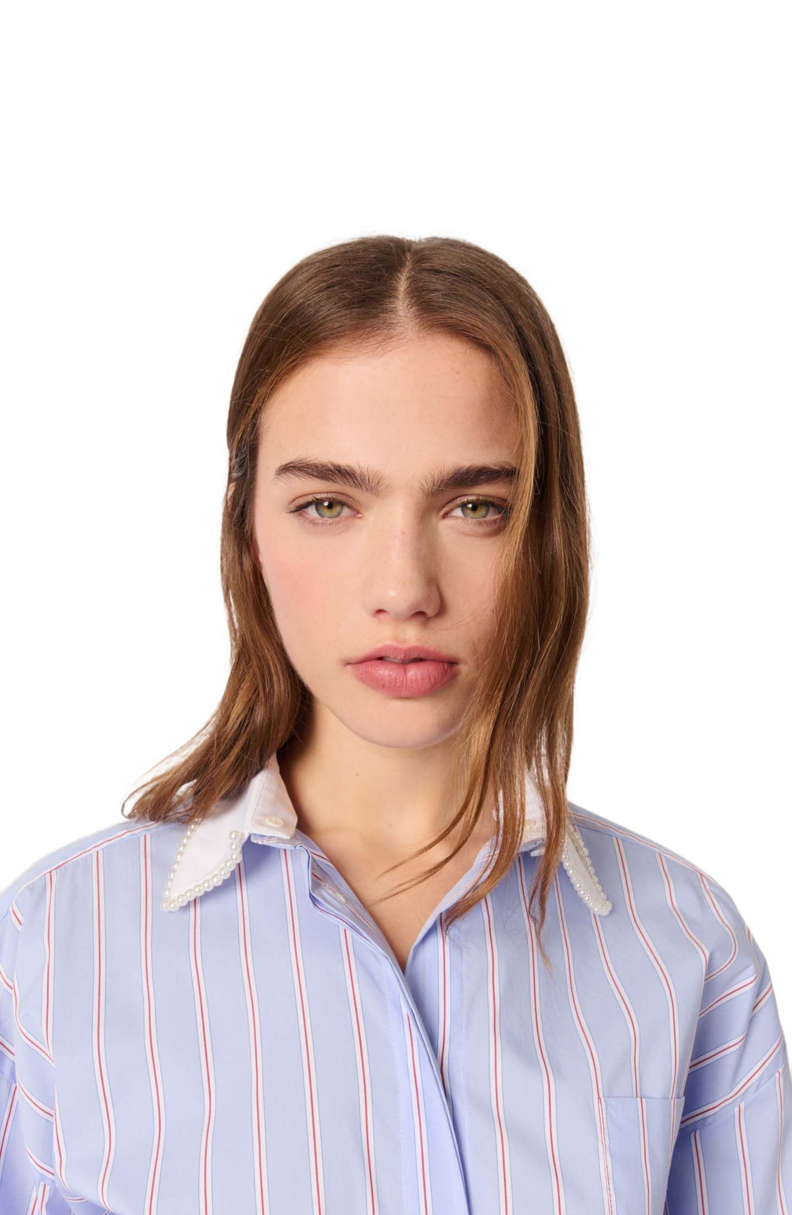 maje Striped shirt with beaded collar in Light Blue Stripes at Nordstrom - 7