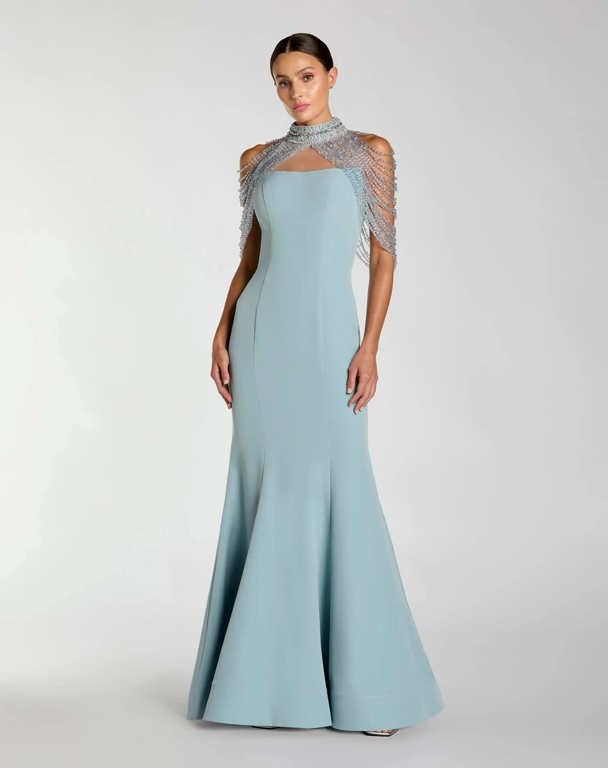 Blue Crepe Mermaid Gown With Crystal Draping - 1
