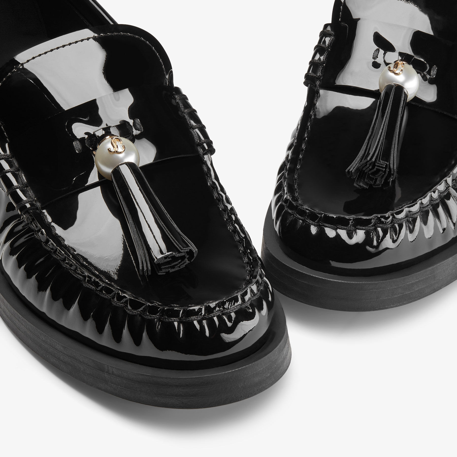 Addie/Pearl
Black Patent Leather Flat Loafers with Pearl Tassel - 3