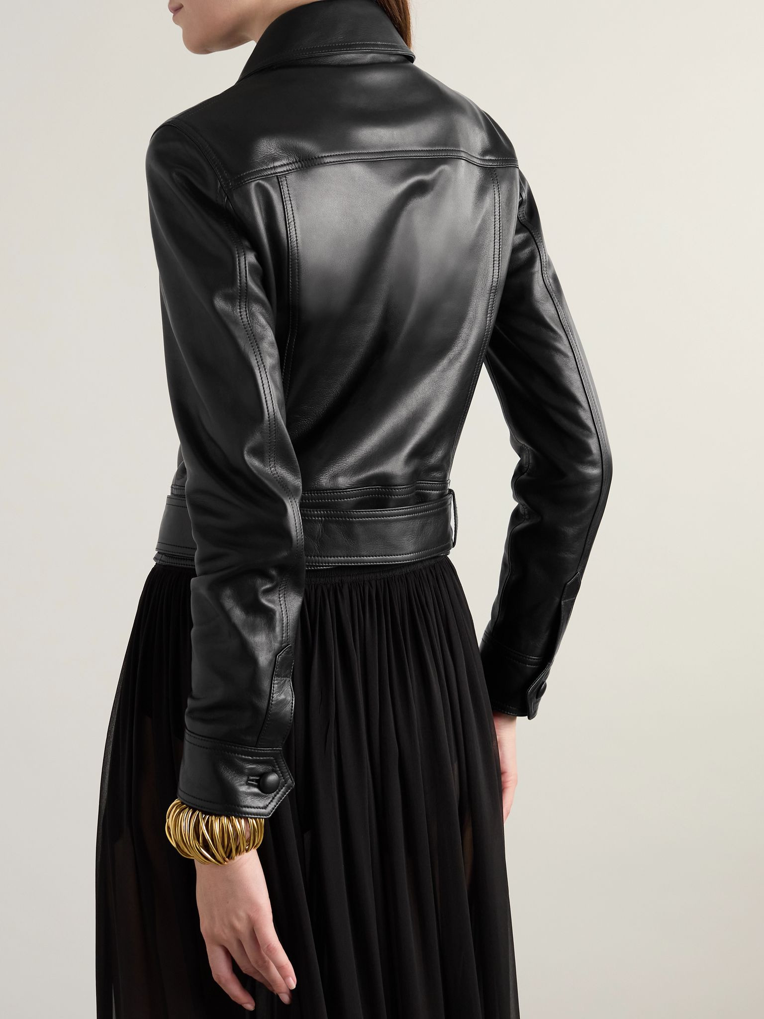 Belted leather biker jacket Black - 3