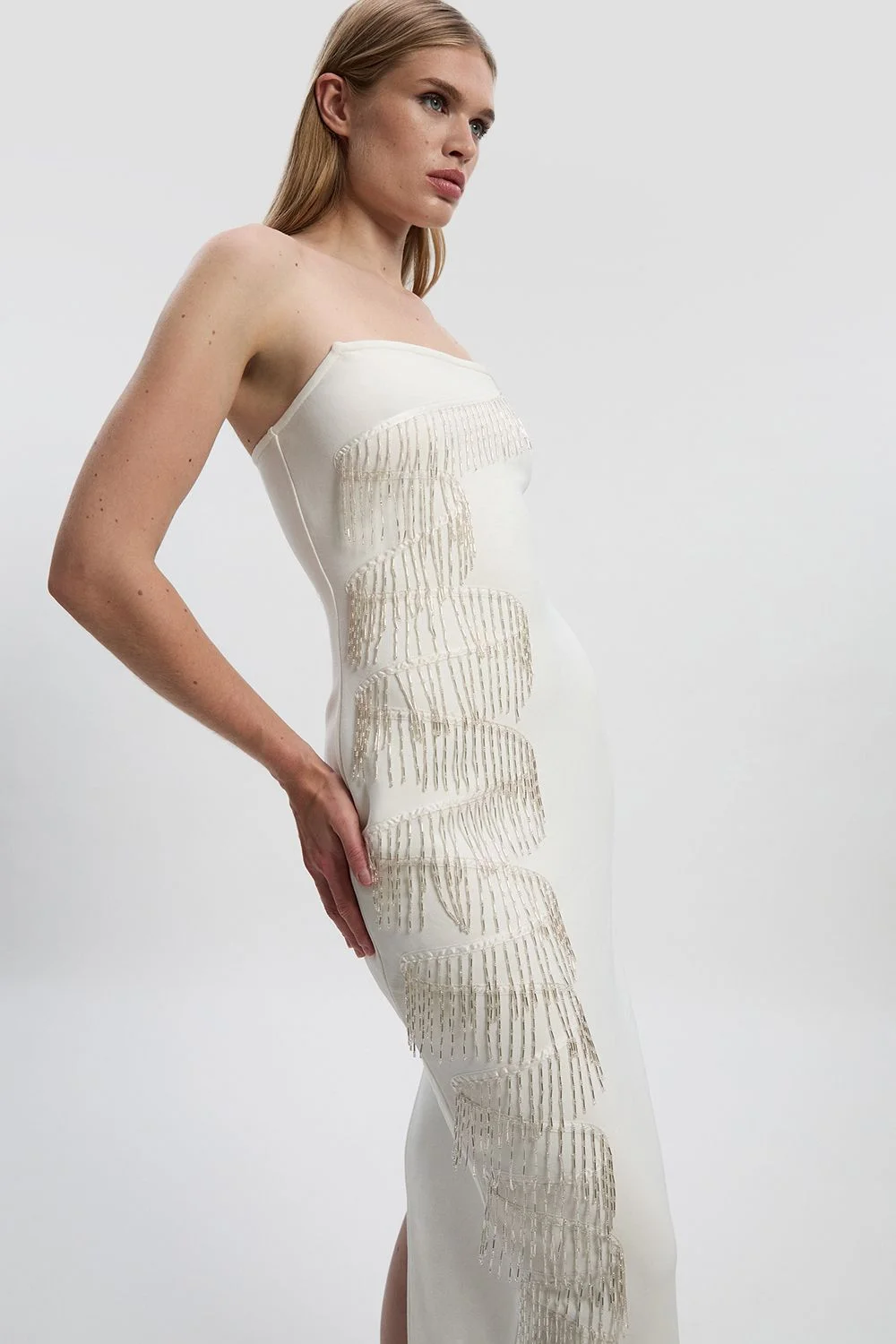 Embellished Fringe Bandeau Figure Form Bandage Maxi Dress - 1