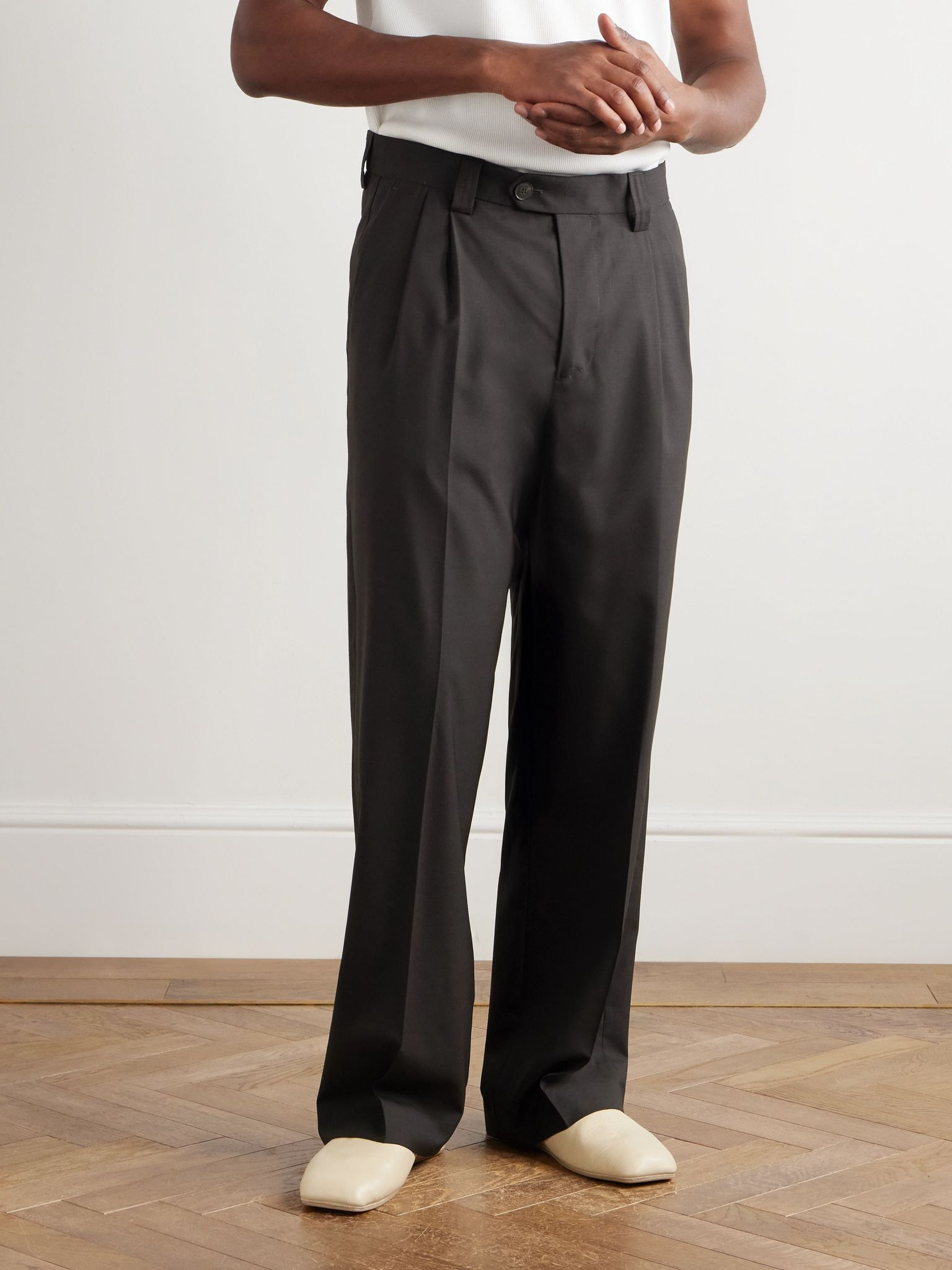 Classic Wide-Leg Pleated Wool-Twill Trousers Brown - 3
