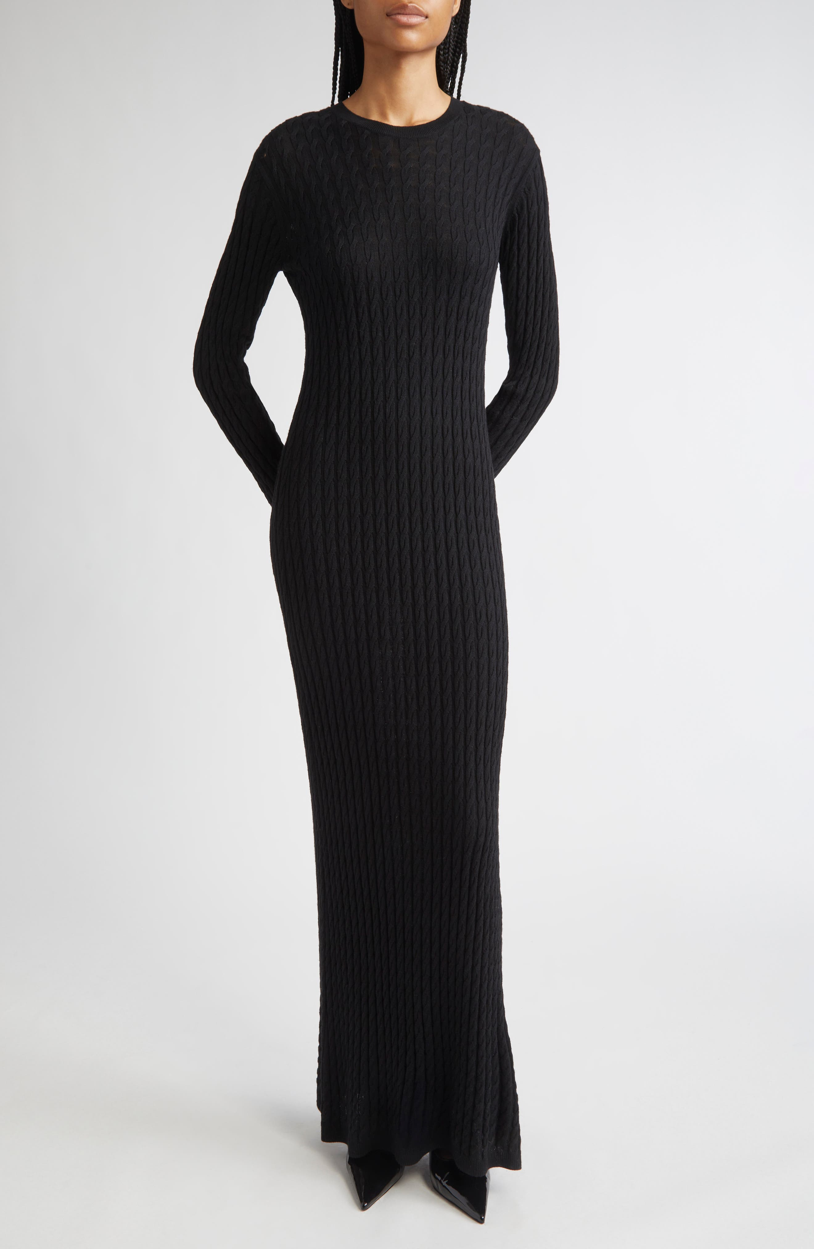 TOTEME Long Sleeve Cable Knit Wool Merino Wool Sweater Dress in Black at Nordstrom - 1