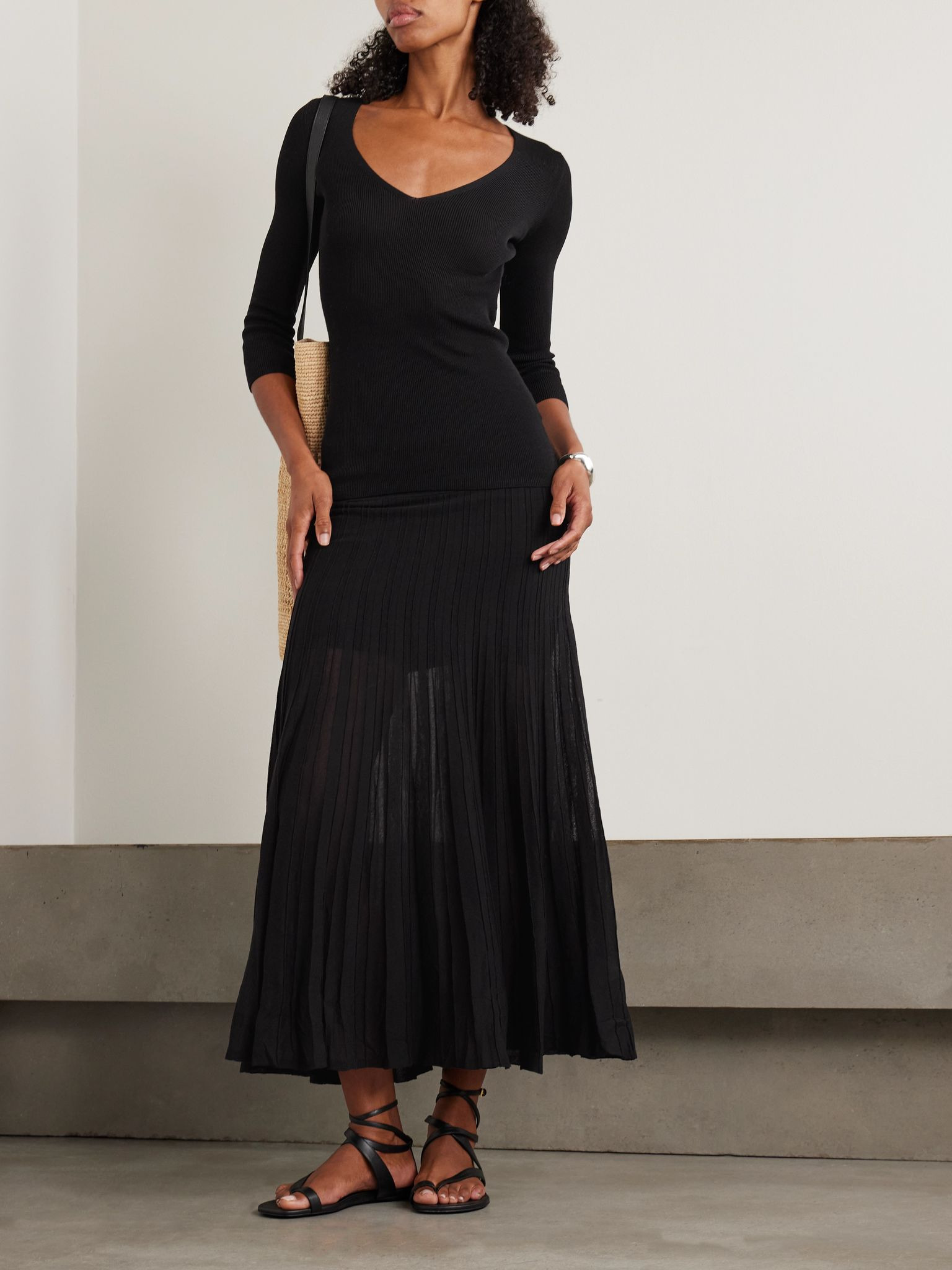 Ezra ribbed cotton-blend midi skirt Black - 2