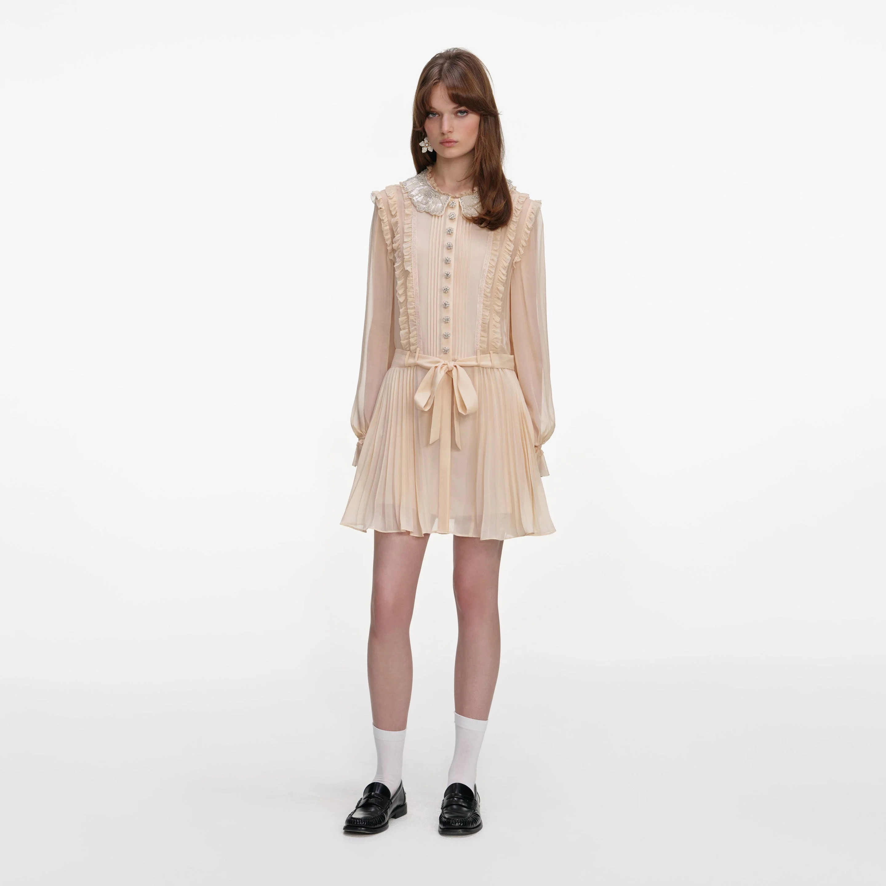 Tan Pleated Georgette Mini Dress - 1